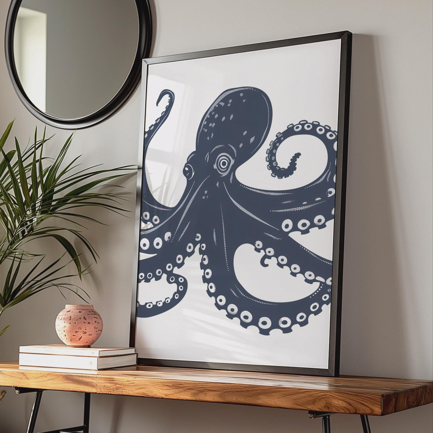 Octopus Poster, Navy Blue Nautical Wall Art, Sea Creature Print, Ocean Animal Decor wall art print