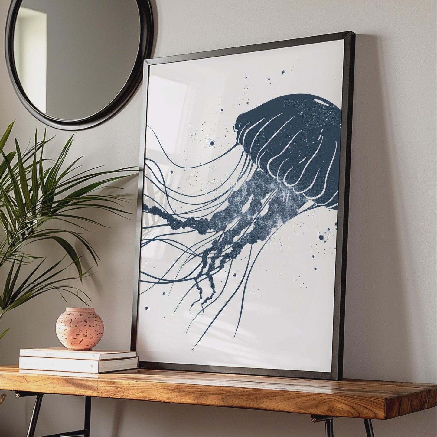 Jellyfish Poster, Navy Blue Ocean Animal Print, Minimalist Sea Wall Art, Coastal Decor wall art print