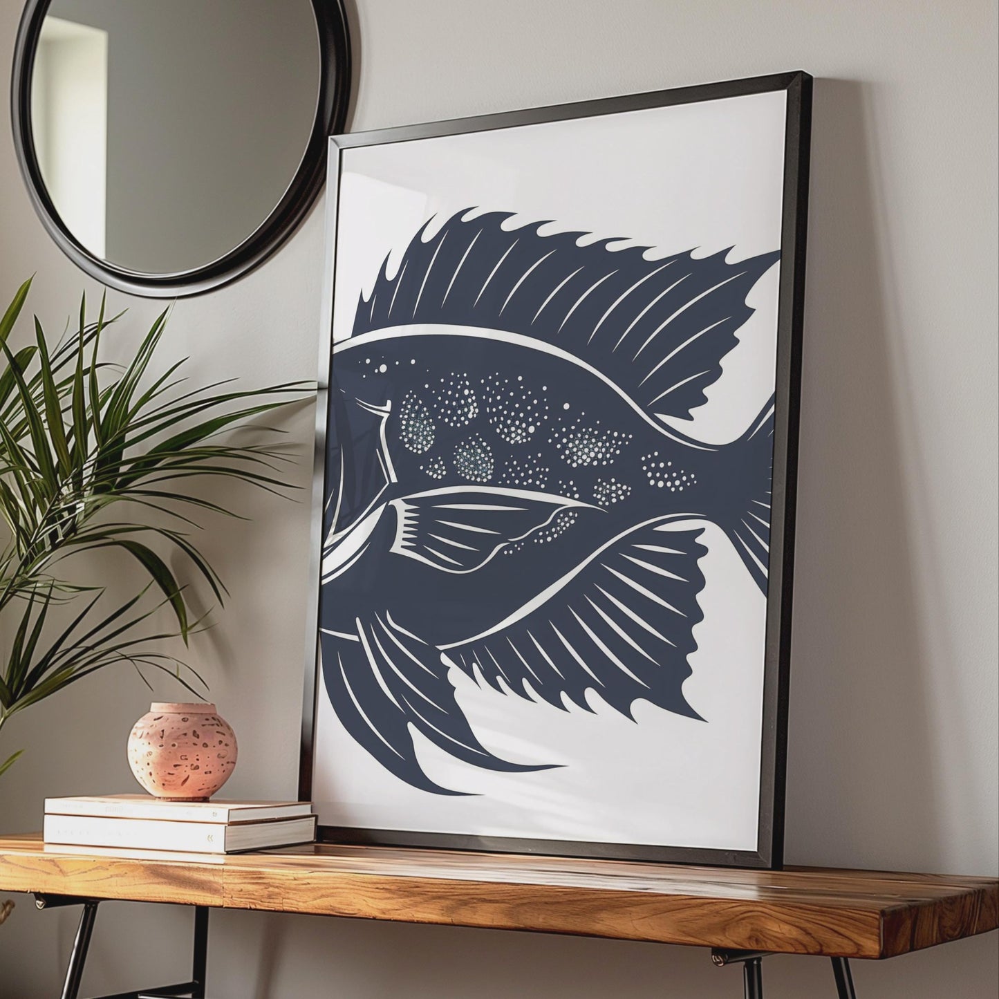 Navy Blue Tropical Fish Print, Minimalist Ocean Wall Art, Woodcut Style Decor wall art print