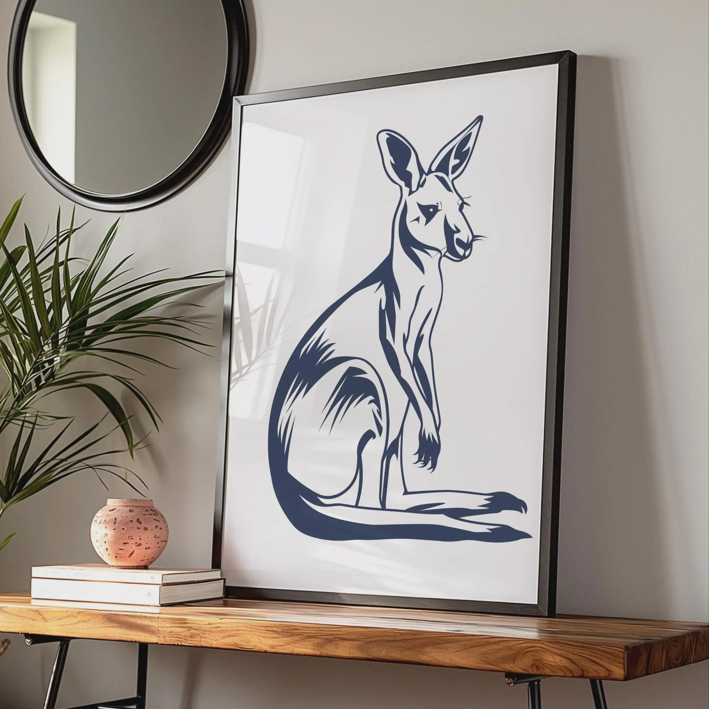 Kangaroo Poster, Navy Blue Animal Print, Australian Wildlife Wall Art, Minimalist Ink Style wall art print