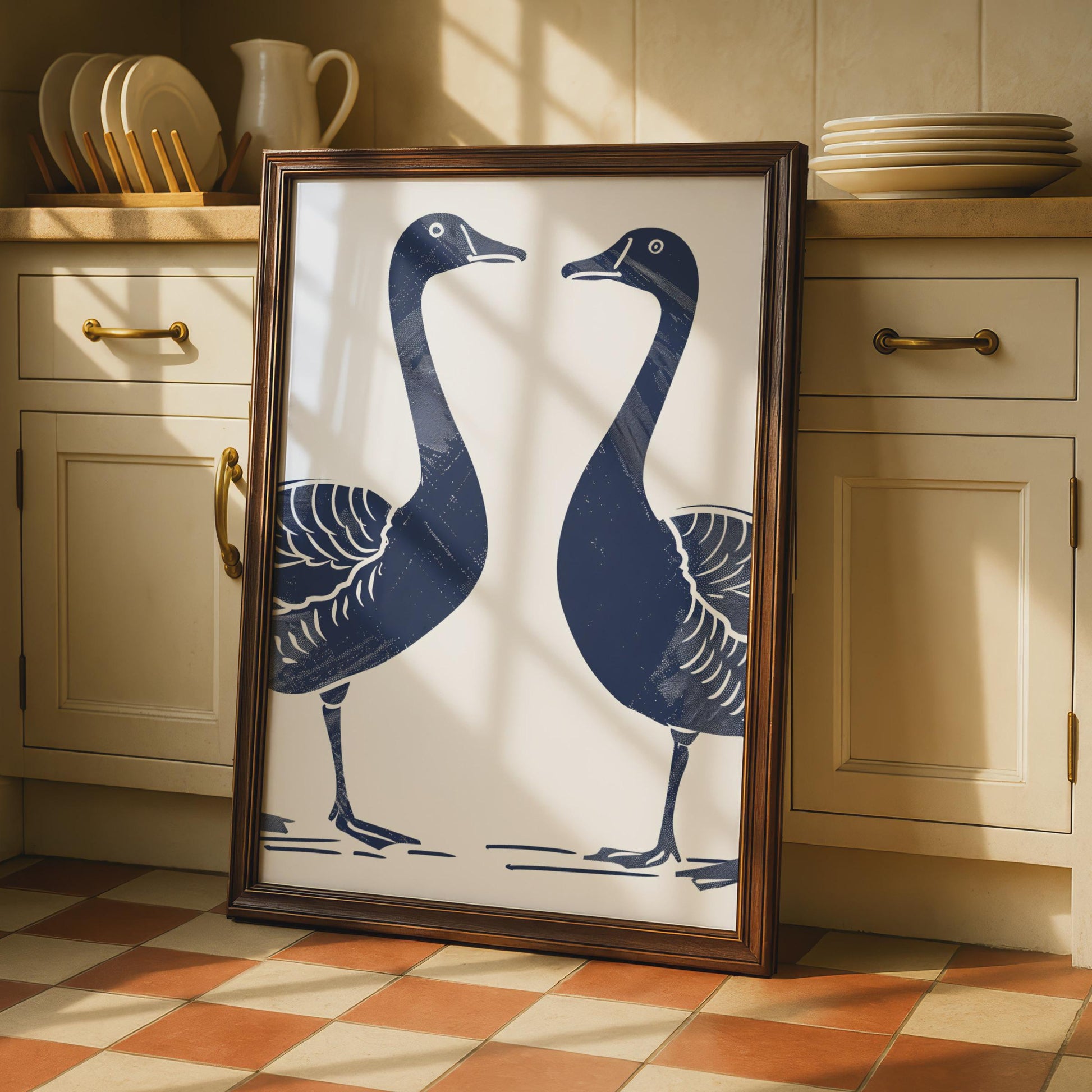 Goose Pair Poster, Navy Blue Bird Print, Minimalist Animal Wall Art, Linocut Style Geese wall art print