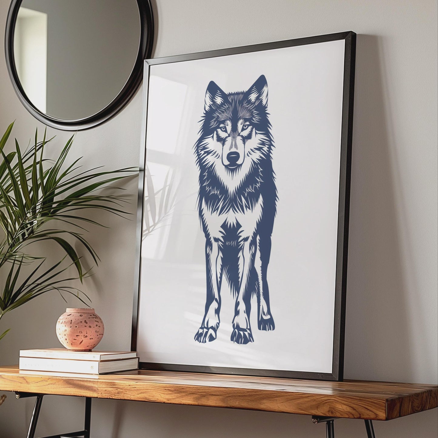 Navy Blue Wolf Print, Minimalist Wildlife Animal Wall Art wall art print