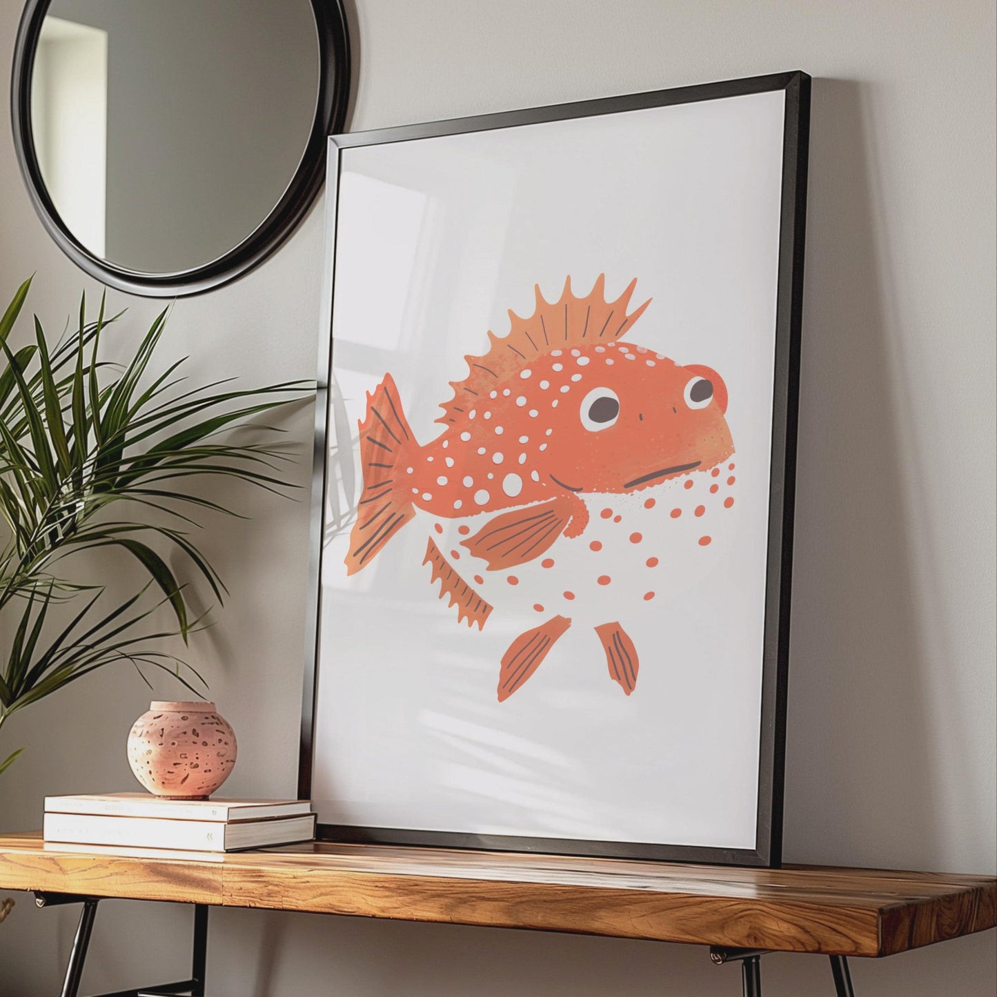 Spiky Orange Fish Print, Quirky Sea Creature Wall Art, Kids Room Decor wall art print