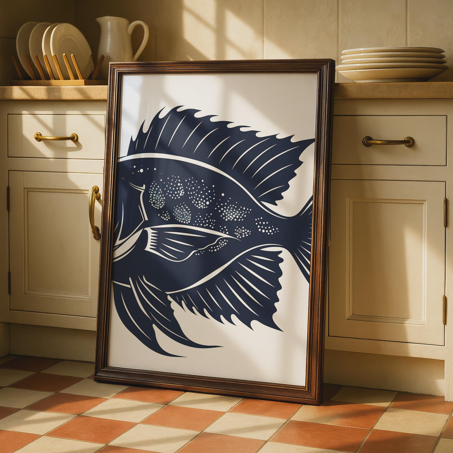Navy Blue Tropical Fish Print, Minimalist Ocean Wall Art, Woodcut Style Decor wall art print