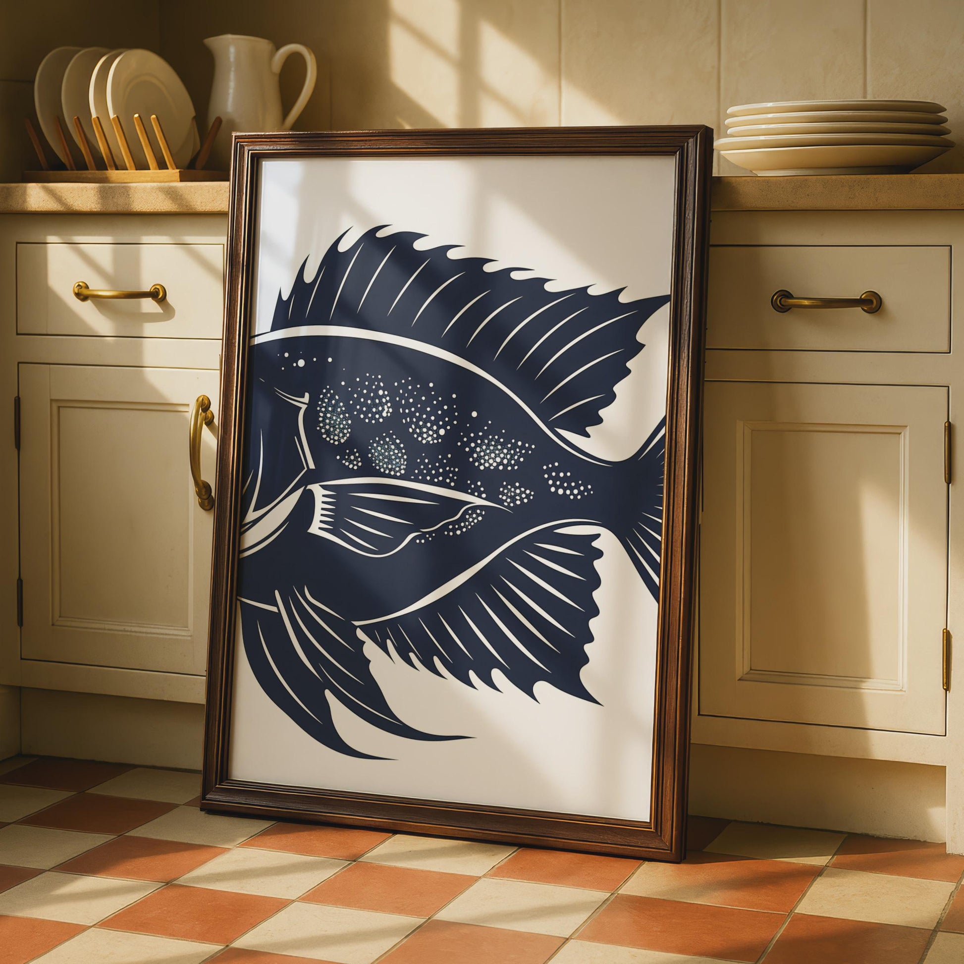 Navy Blue Tropical Fish Print, Minimalist Ocean Wall Art, Woodcut Style Decor wall art print