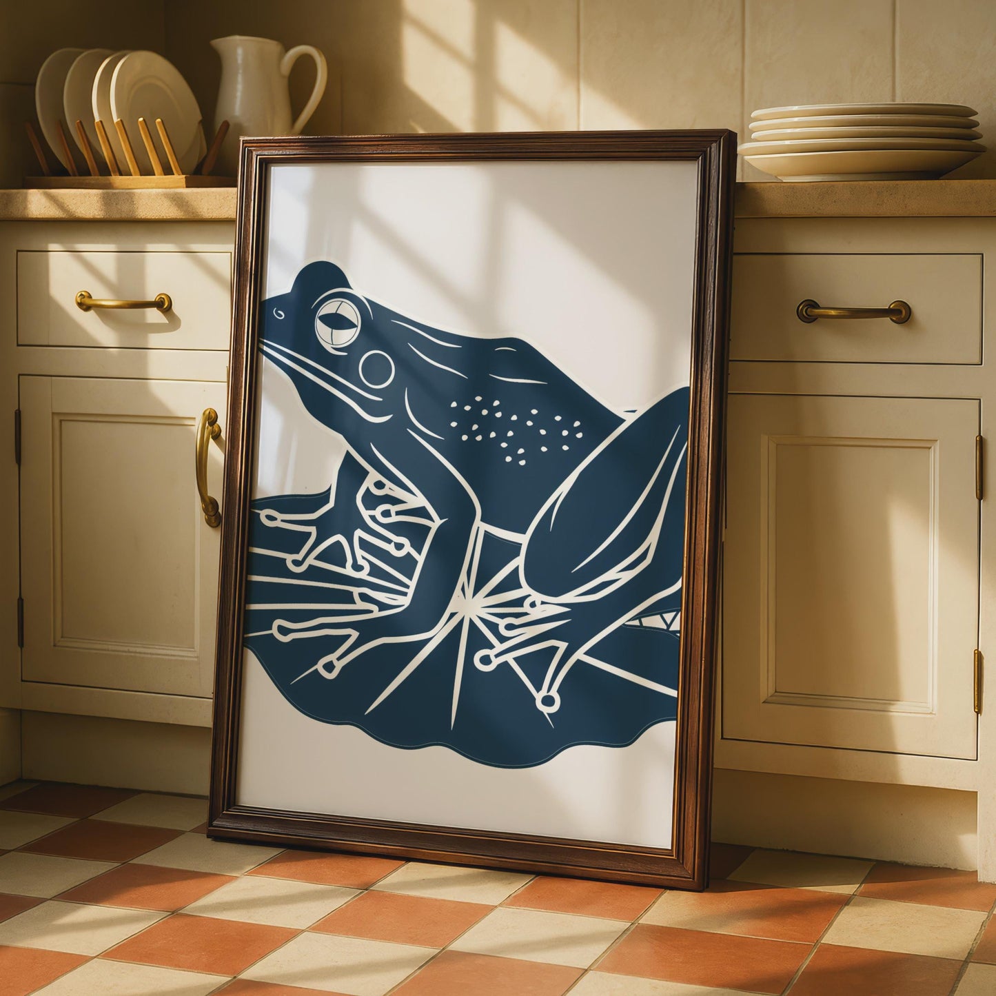 Frog on Lily Pad Poster, Navy Blue Minimalist Animal Print, Frog Wall Art Decor wall art print