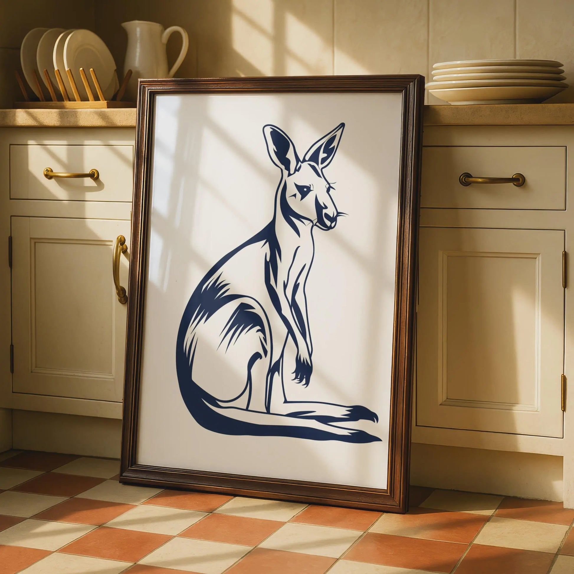Kangaroo Poster, Navy Blue Animal Print, Australian Wildlife Wall Art, Minimalist Ink Style wall art print