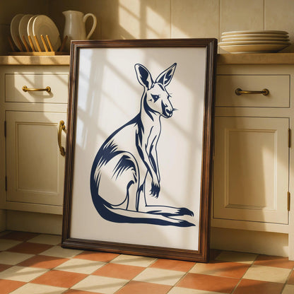 Kangaroo Poster, Navy Blue Animal Print, Australian Wildlife Wall Art, Minimalist Ink Style wall art print