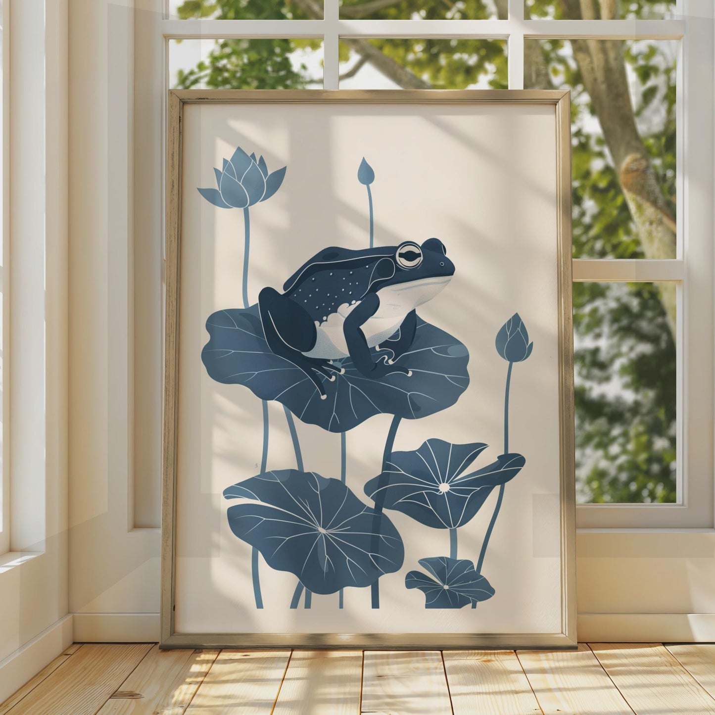 Frog on Lily Pad Poster, Navy Blue Botanical Animal Print, Minimalist Frog Wall Art wall art print