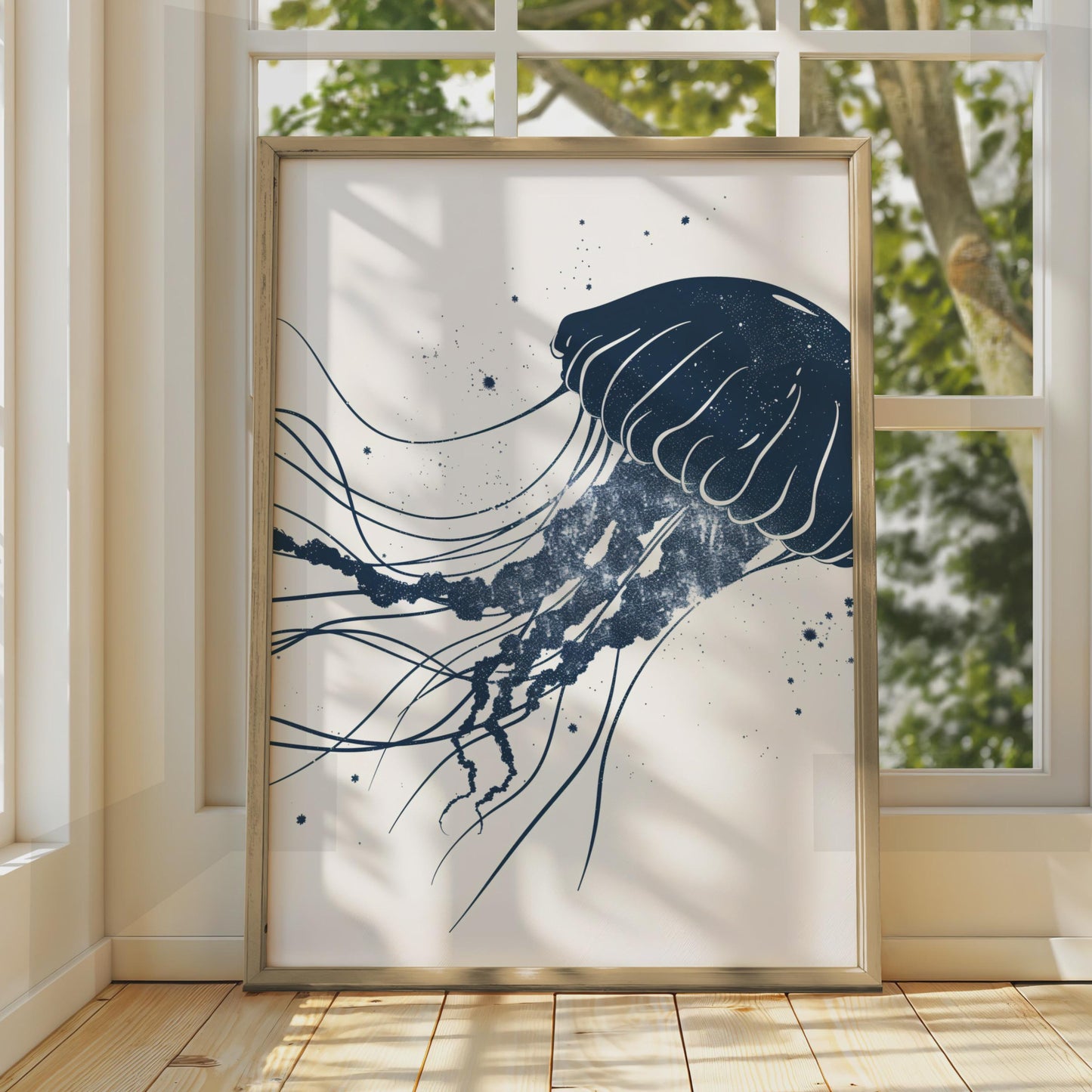 Jellyfish Poster, Navy Blue Ocean Animal Print, Minimalist Sea Wall Art, Coastal Decor wall art print