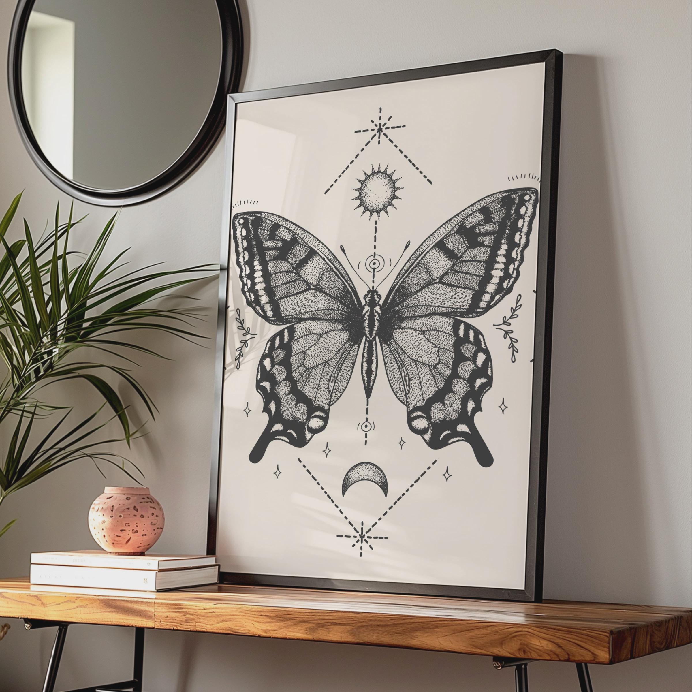 Vintage Butterfly Art Print, Intricate Black and White Butterfly Poster, Mystical Wall Decor wall art print