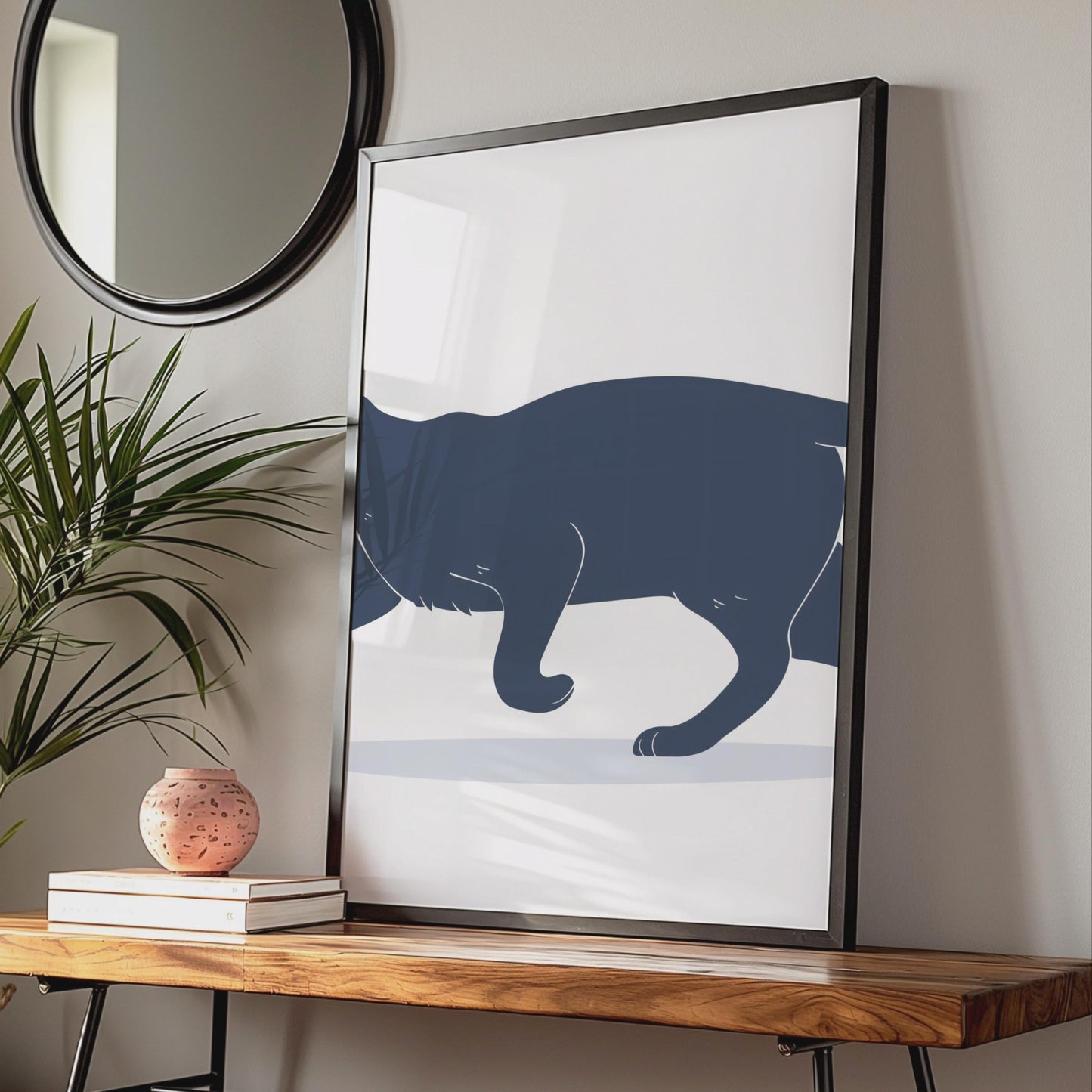 Minimalist Black Cat Print, Navy Blue Animal Wall Art, Sleek Silhouette Poster wall art print