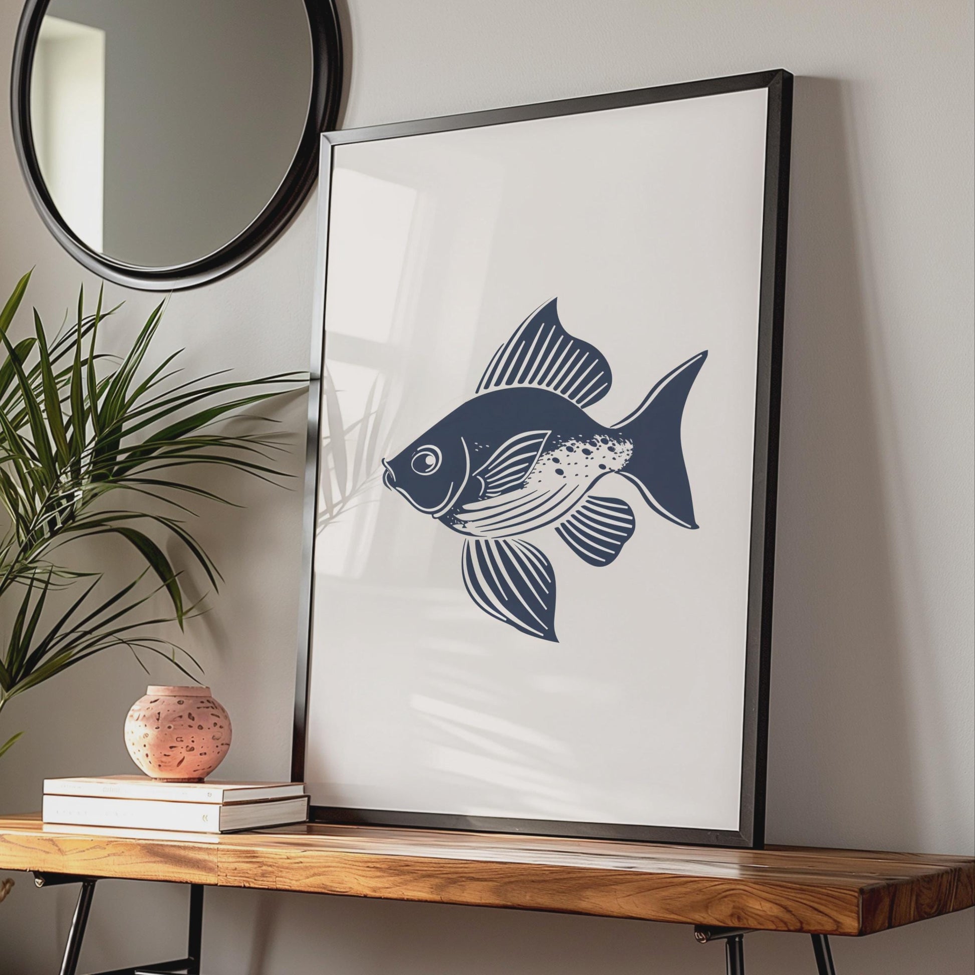 Fish Poster, Navy Blue Minimalist Animal Print, Nautical Wall Art, Ocean Decor wall art print