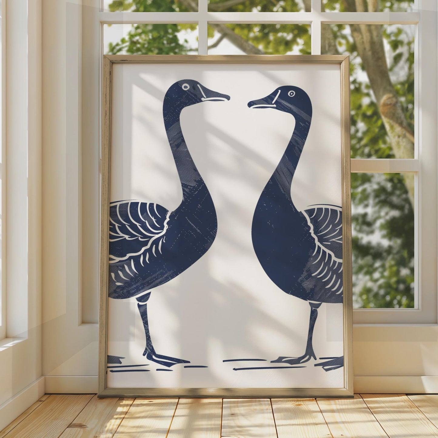 Goose Pair Poster, Navy Blue Bird Print, Minimalist Animal Wall Art, Linocut Style Geese wall art print