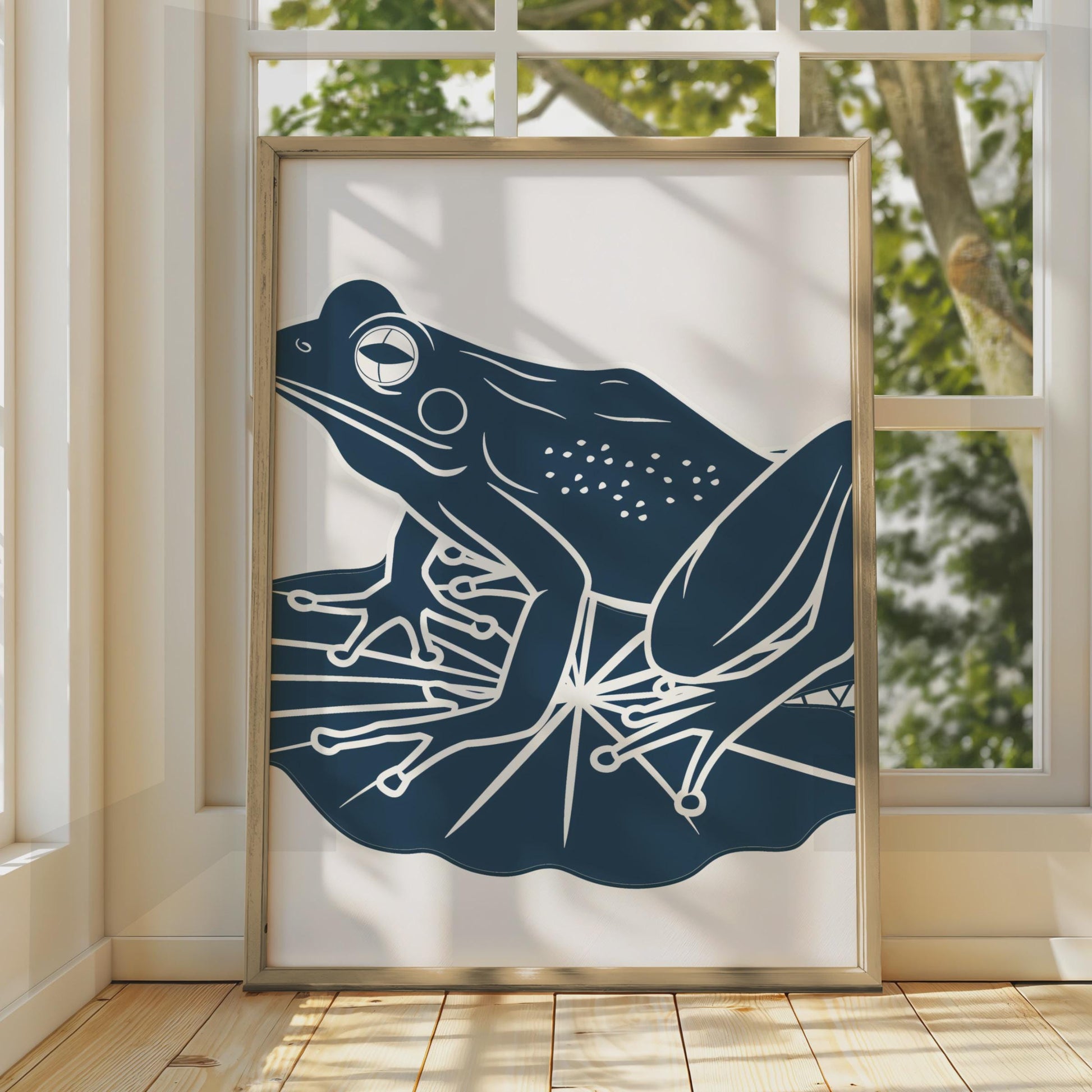 Frog on Lily Pad Poster, Navy Blue Minimalist Animal Print, Frog Wall Art Decor wall art print