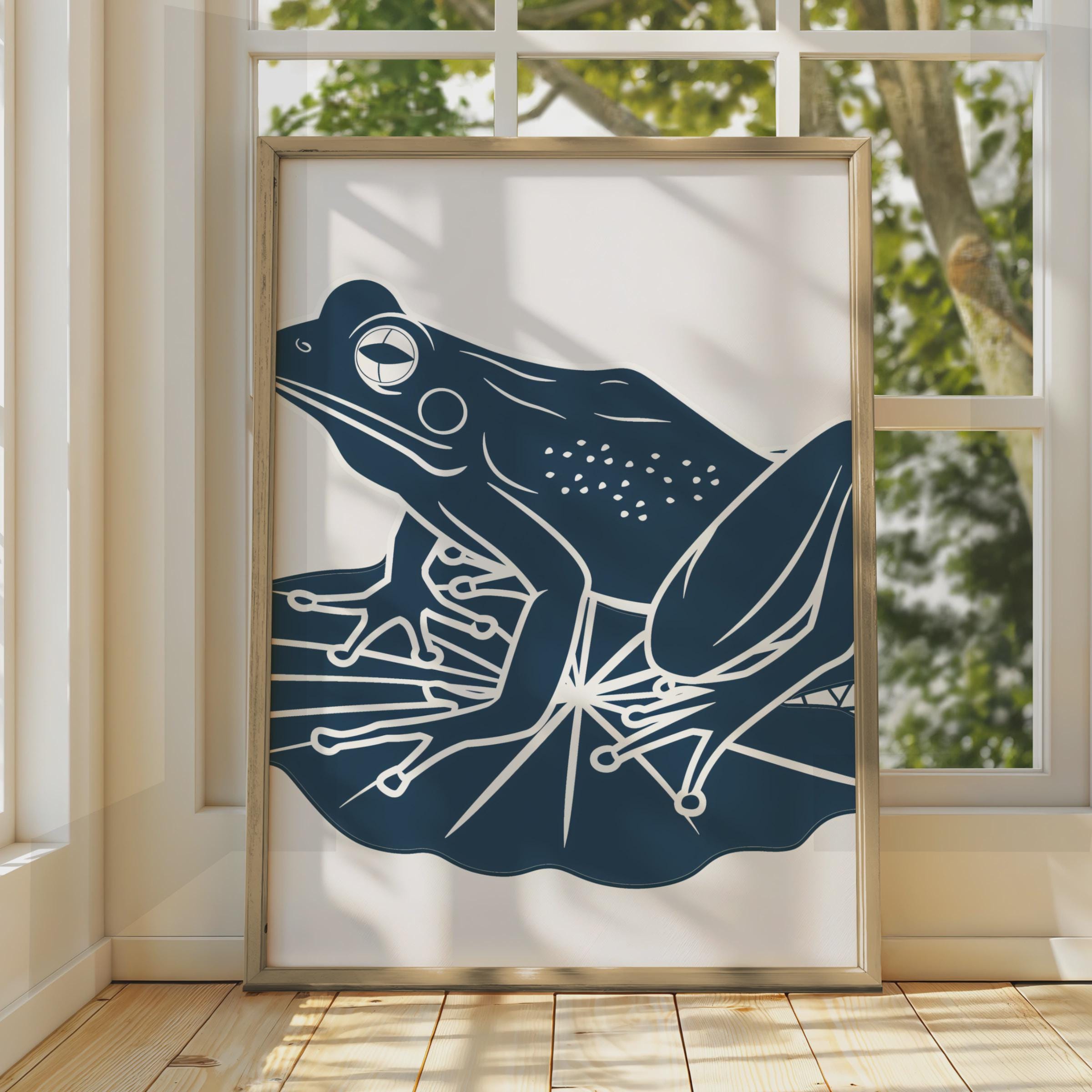 Frog on Lily Pad Poster, Navy Blue Minimalist Animal Print, Frog Wall Art Decor wall art print