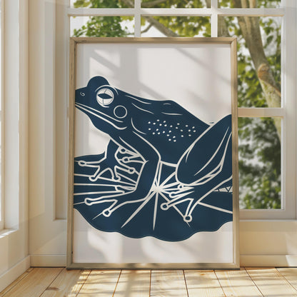 Frog on Lily Pad Poster, Navy Blue Minimalist Animal Print, Frog Wall Art Decor wall art print