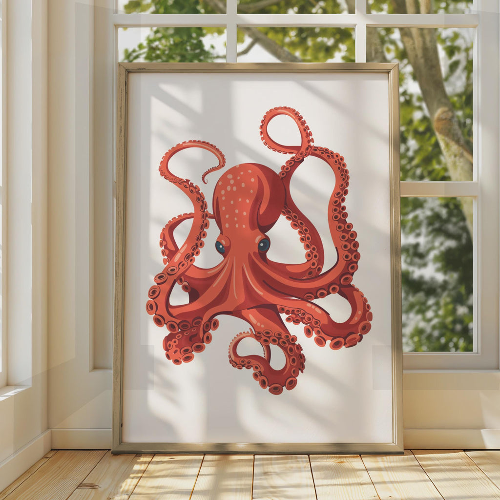 Red Octopus Poster, Ocean Animal Wall Art Print, Sea Creature Nautical Decor wall art print