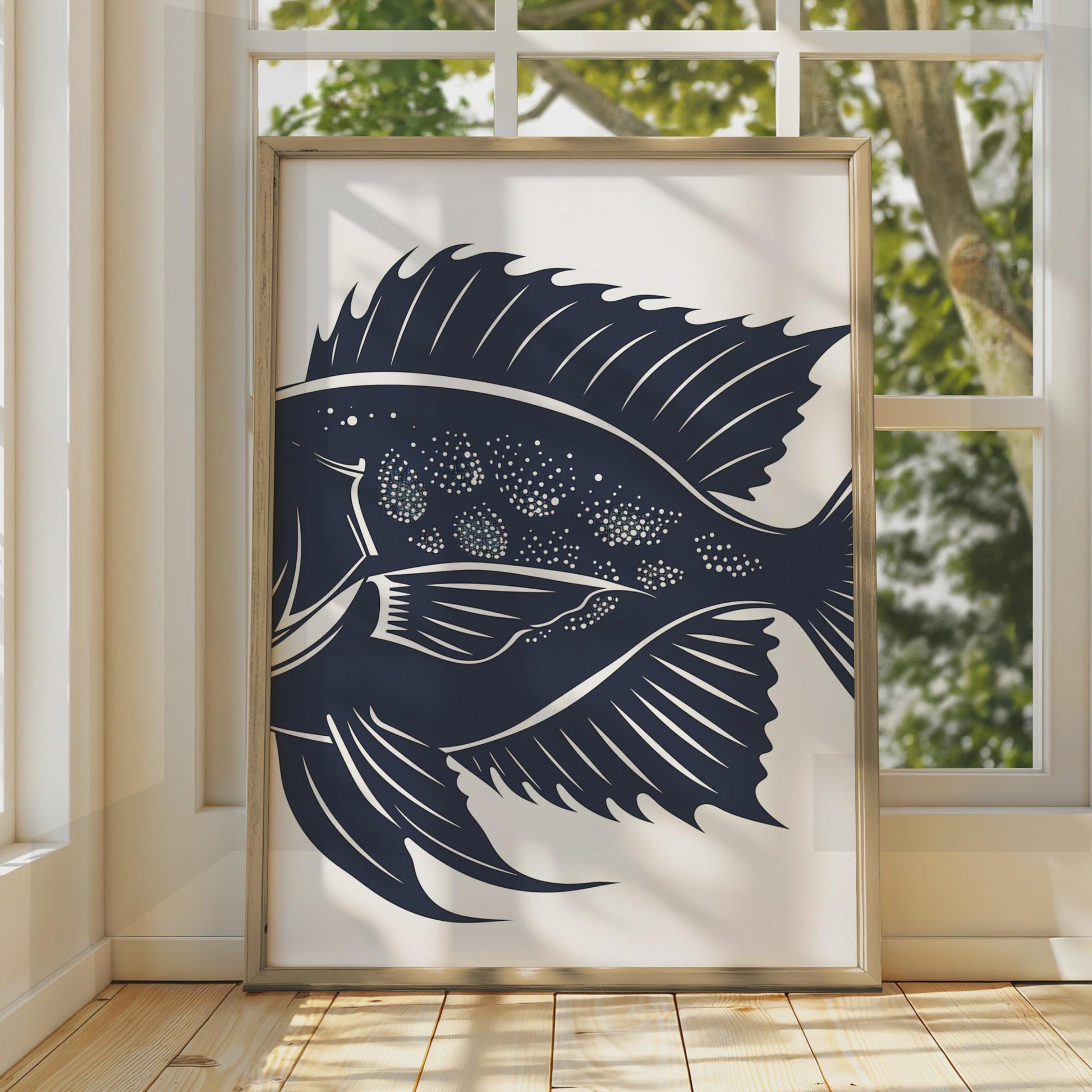 Navy Blue Tropical Fish Print, Minimalist Ocean Wall Art, Woodcut Style Decor wall art print