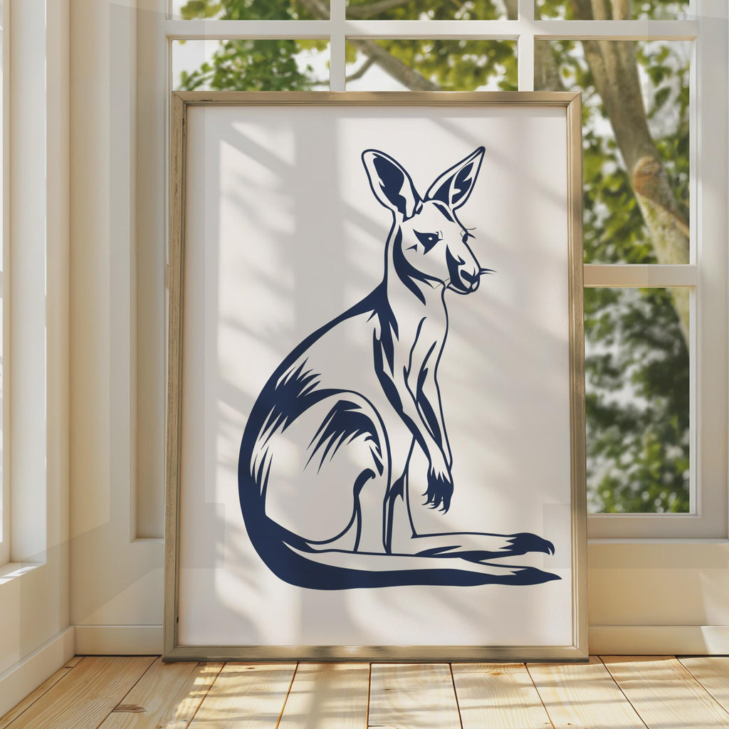 Kangaroo Poster, Navy Blue Animal Print, Australian Wildlife Wall Art, Minimalist Ink Style wall art print