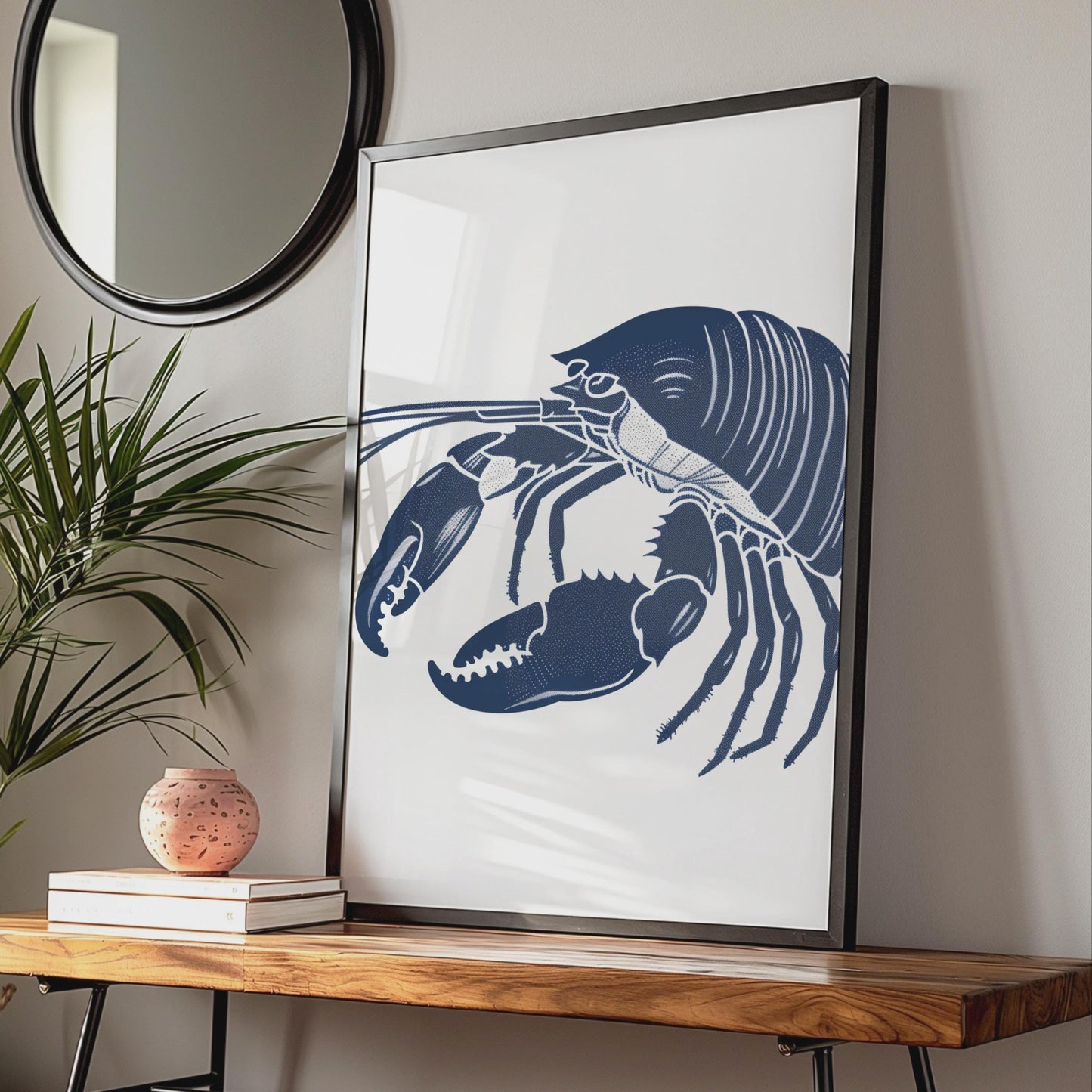 Navy Blue Lobster Illustration Print, Nautical Coastal Animal Wall Art wall art print