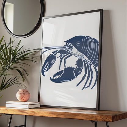 Navy Blue Lobster Illustration Print, Nautical Coastal Animal Wall Art wall art print