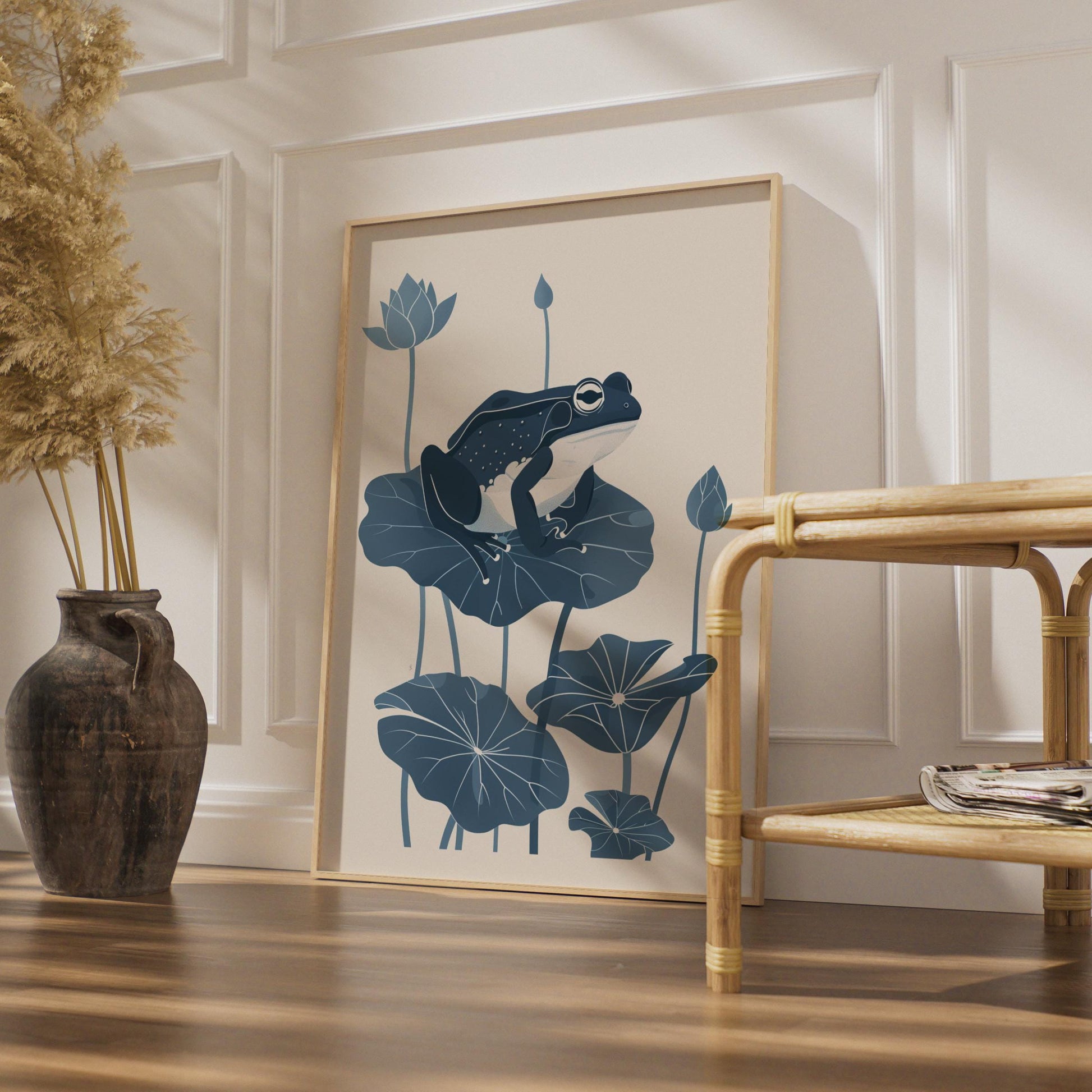 Frog on Lily Pad Poster, Navy Blue Botanical Animal Print, Minimalist Frog Wall Art wall art print