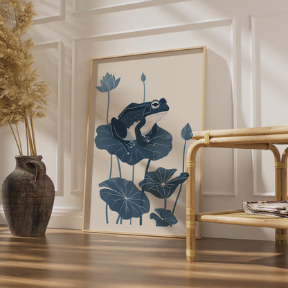 Frog on Lily Pad Poster, Navy Blue Botanical Animal Print, Minimalist Frog Wall Art wall art print