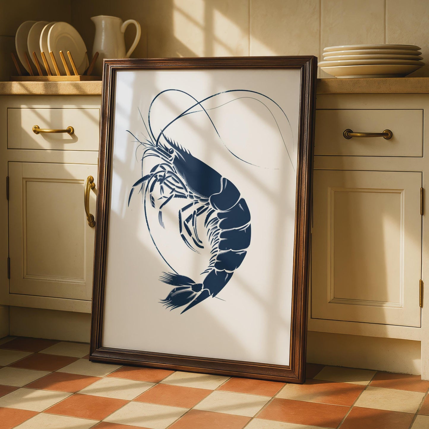 Navy Blue Prawn Art Print, Minimalist Coastal Sea Life Poster wall art print