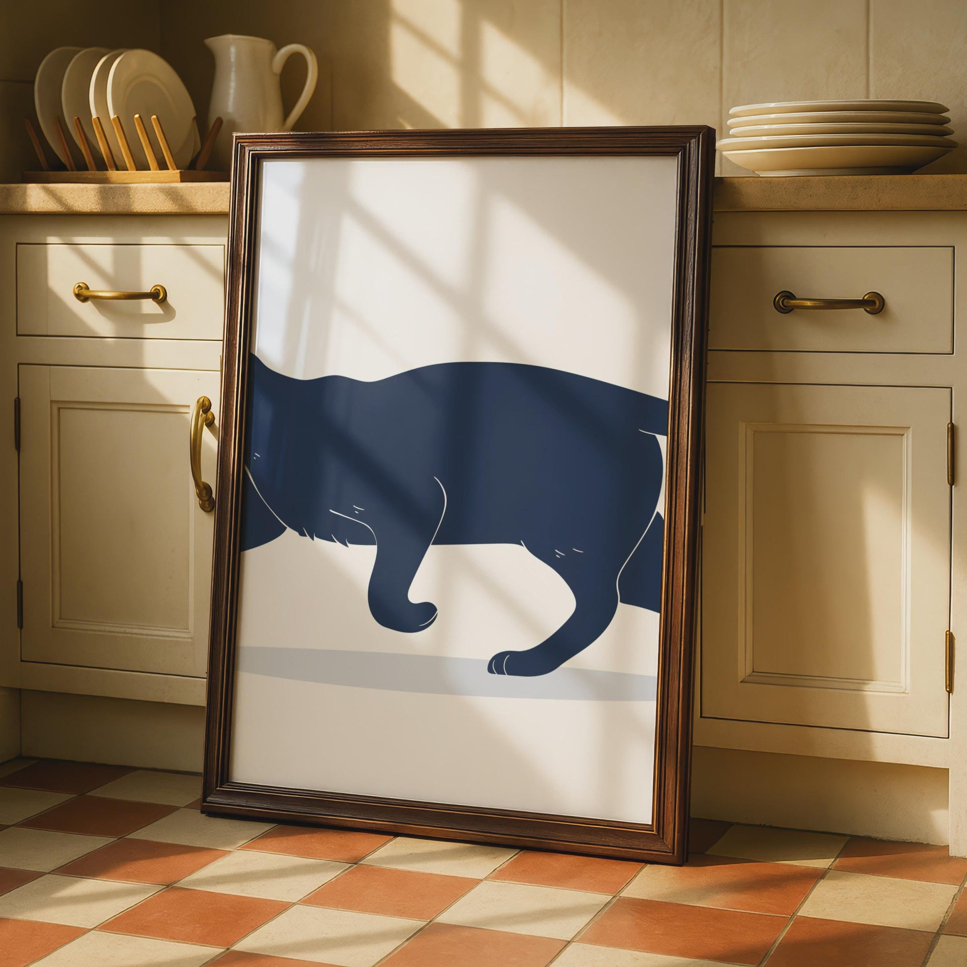 Minimalist Black Cat Print, Navy Blue Animal Wall Art, Sleek Silhouette Poster wall art print