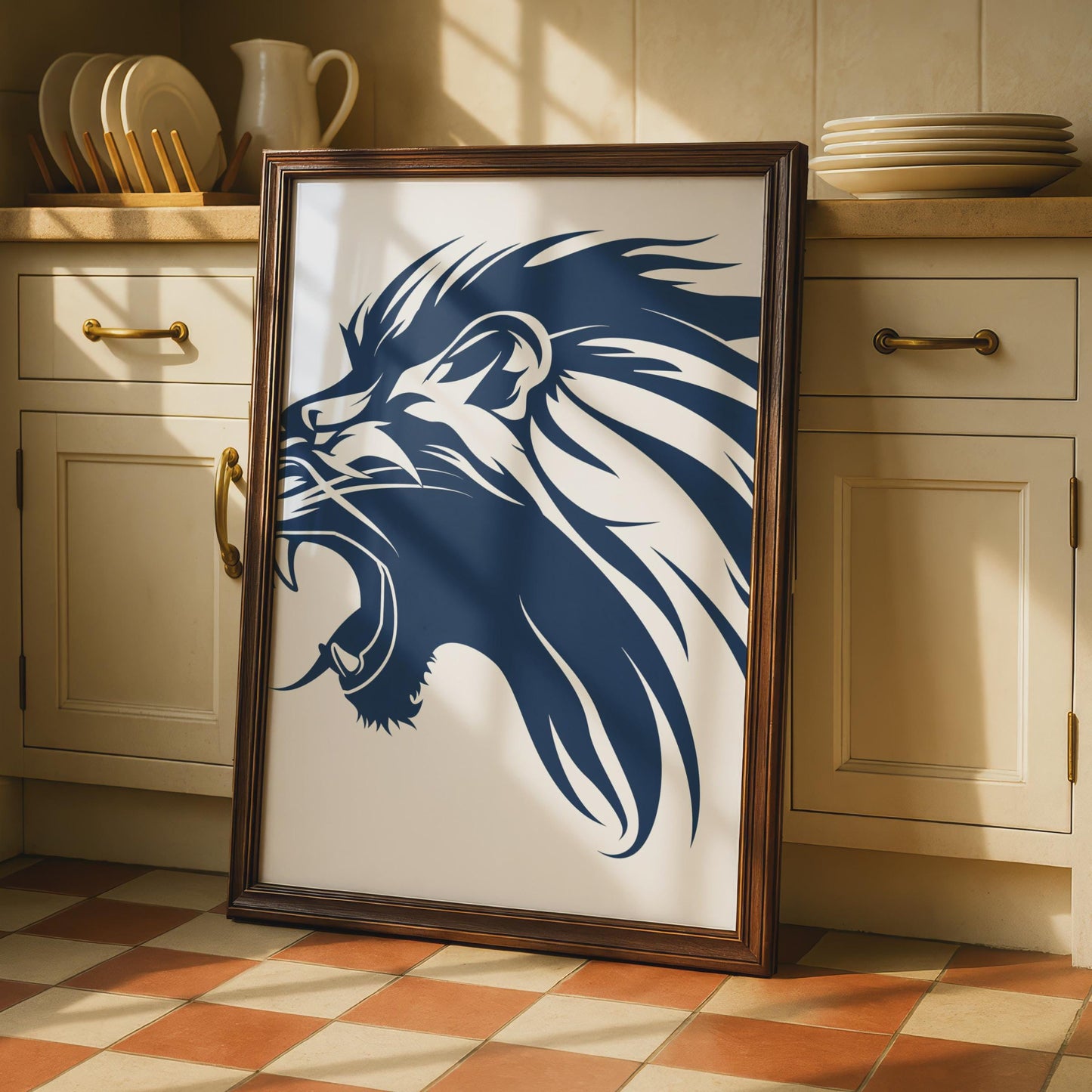 Roaring Lion Head Print, Navy Blue Animal Wall Art, Minimalist Decor wall art print