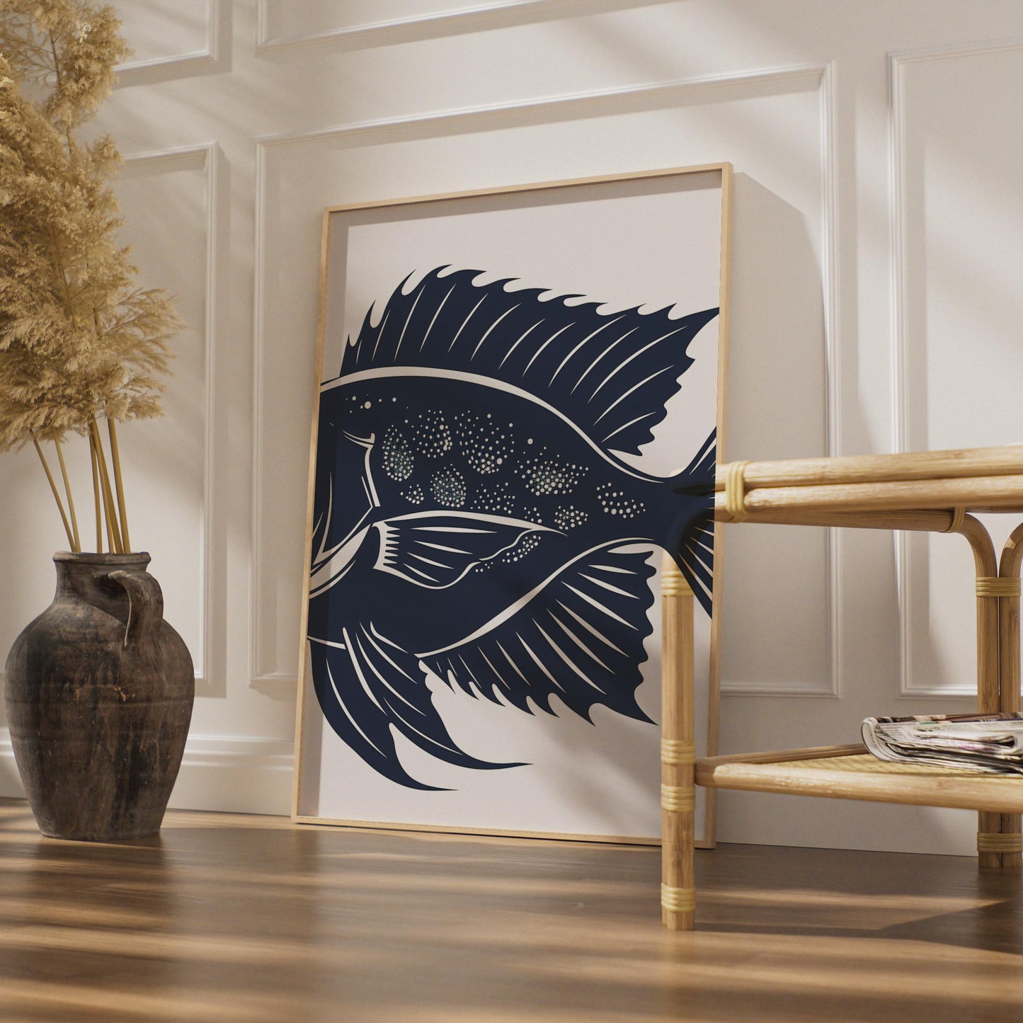 Navy Blue Tropical Fish Print, Minimalist Ocean Wall Art, Woodcut Style Decor wall art print