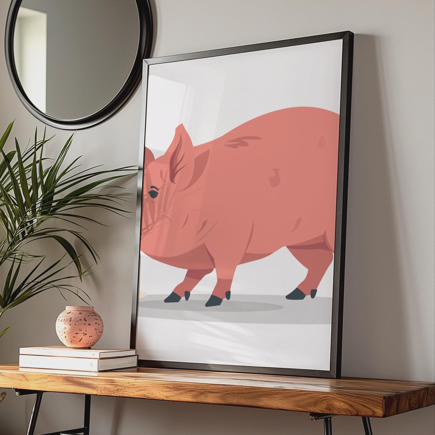 Pink Pig Vector Art Print, Farm Animal Nursery Decor wall art print