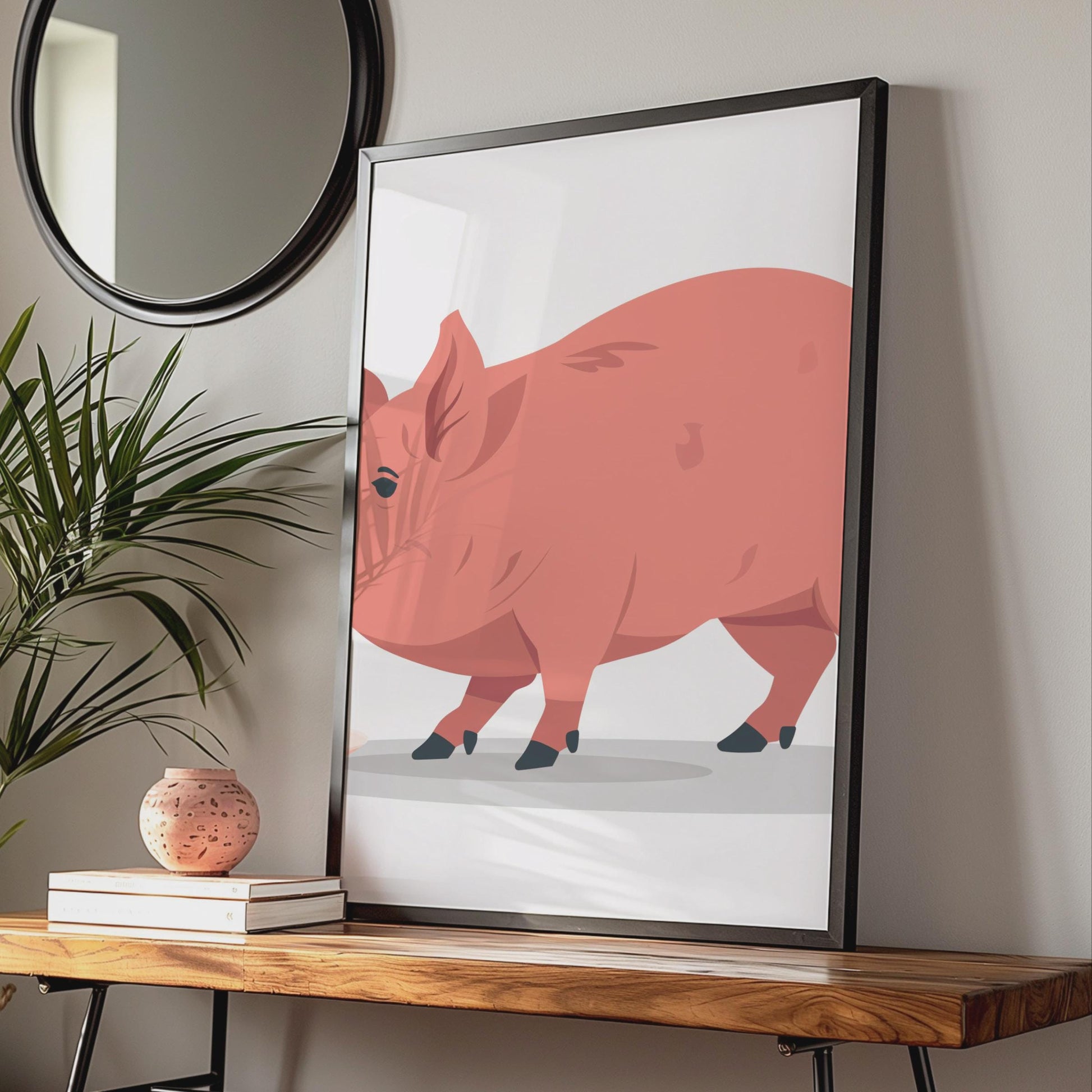 Pink Pig Vector Art Print, Farm Animal Nursery Decor wall art print