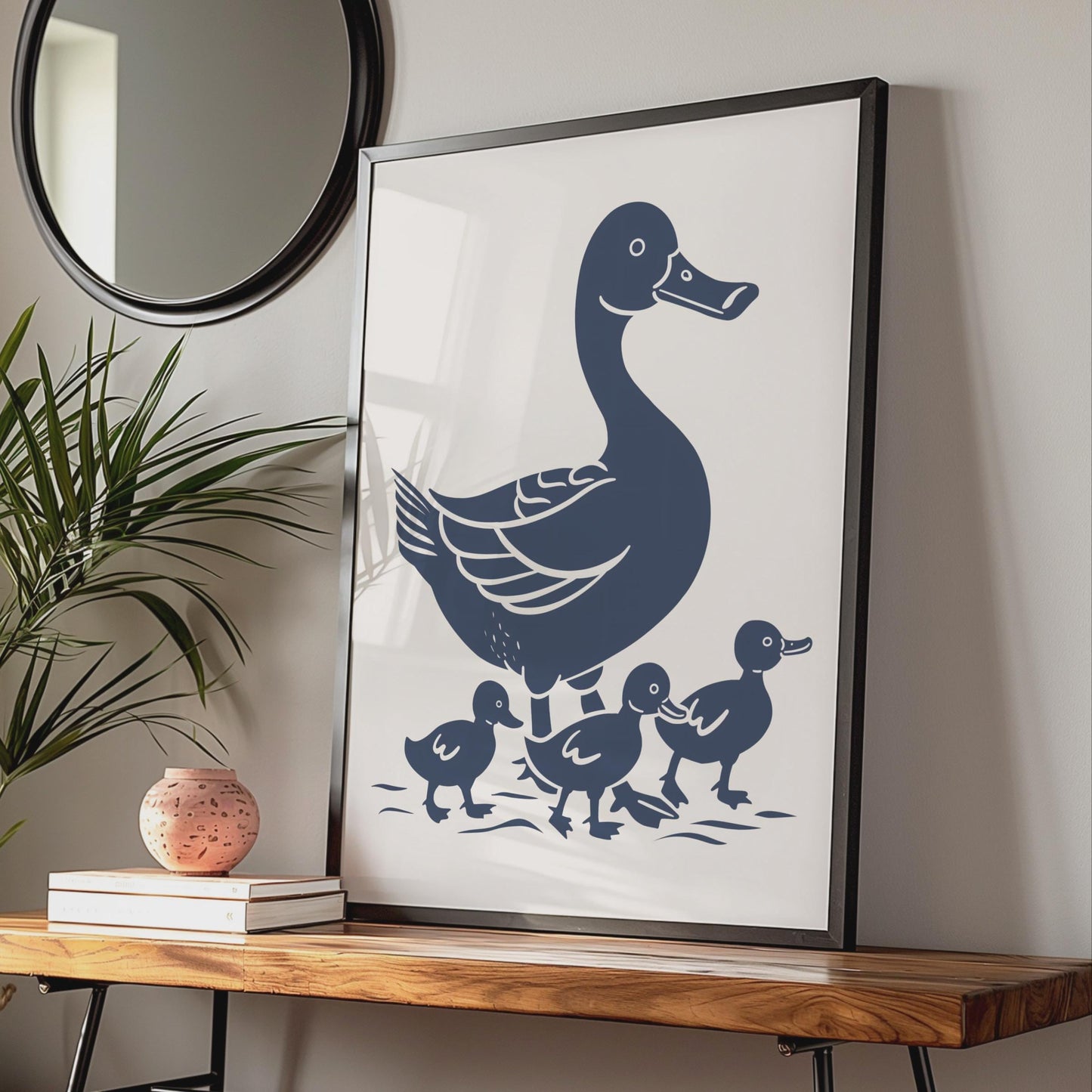 Duck Family Poster, Mother Duck Ducklings Wall Art, Navy Blue Animal Print, Nursery Decor wall art print