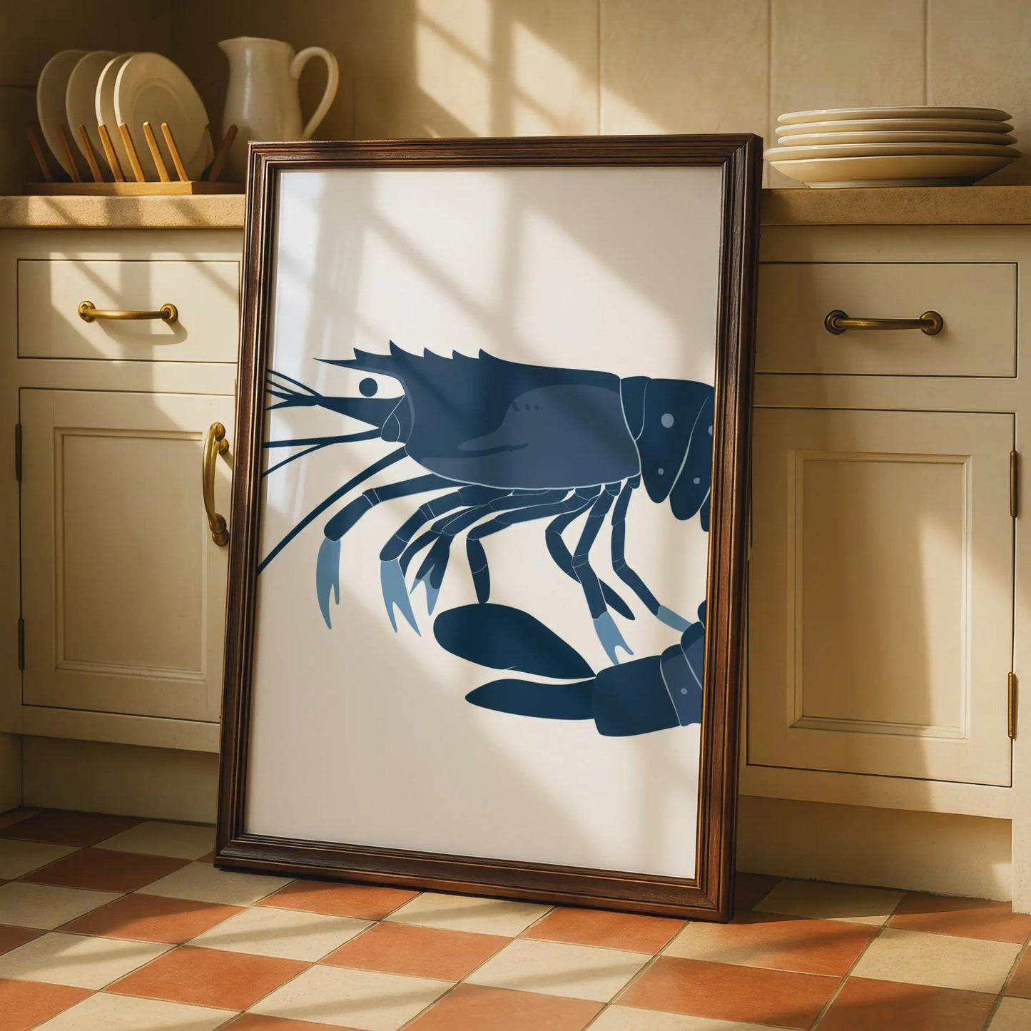 Shrimp Poster, Navy Blue Prawn Wall Art Print, Minimalist Ocean Animal Art, Coastal Decor wall art print