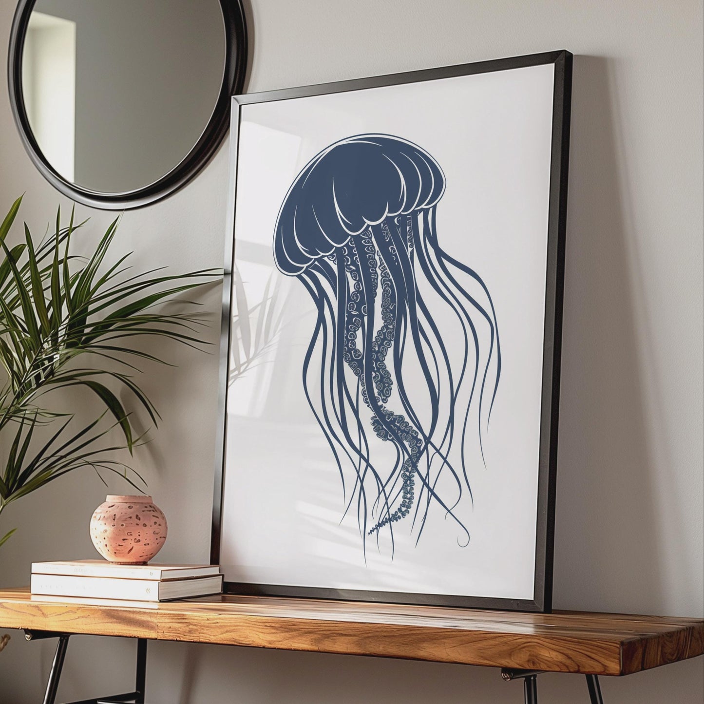 Jellyfish Poster, Navy Blue Ocean Animal Print, Minimalist Sea Wall Art, Coastal Decor wall art print