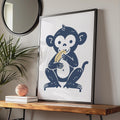 Monkey Eating Banana Poster, Navy Blue Animal Art wall art print