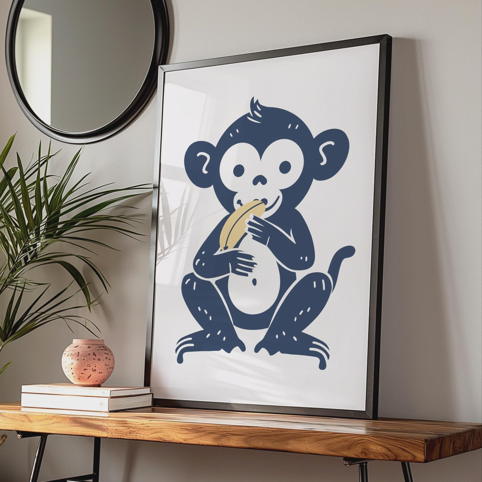 Monkey Eating Banana Poster, Navy Blue Animal Art wall art print