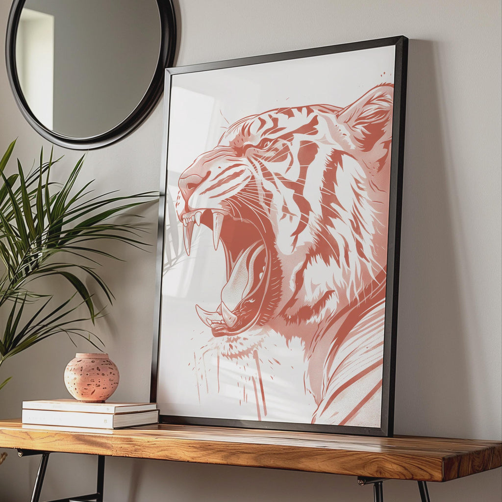 Roaring Tiger Poster, Red Animal Print, Bold Wildlife Wall Art, Modern Big Cat Decor wall art print