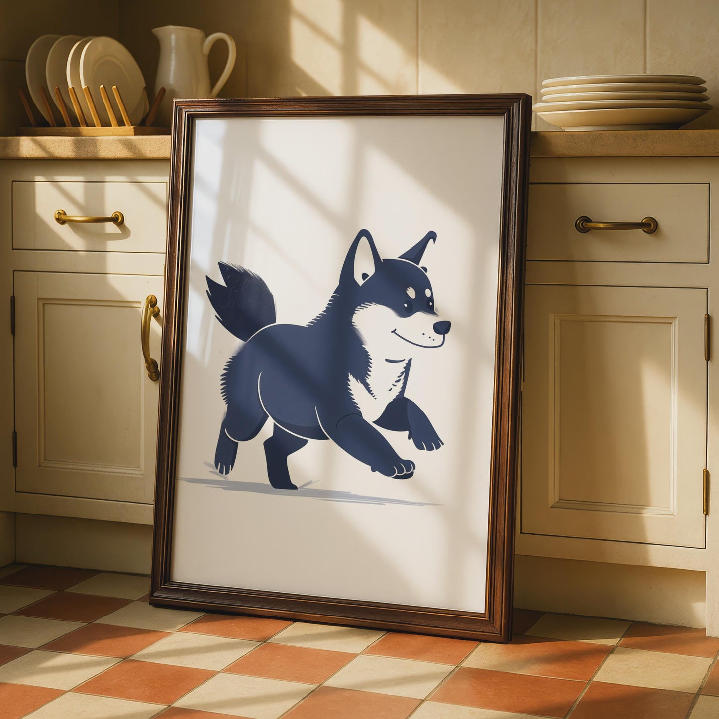Shiba Inu Running Illustration, Navy Blue Dog Art Print, Minimalist Animal Decor wall art print