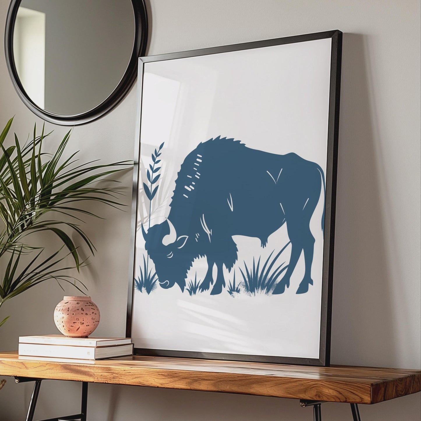 Bison Animal Poster, Navy Blue Buffalo Print, Minimalist Wildlife Wall Art, Nature Decor wall art print