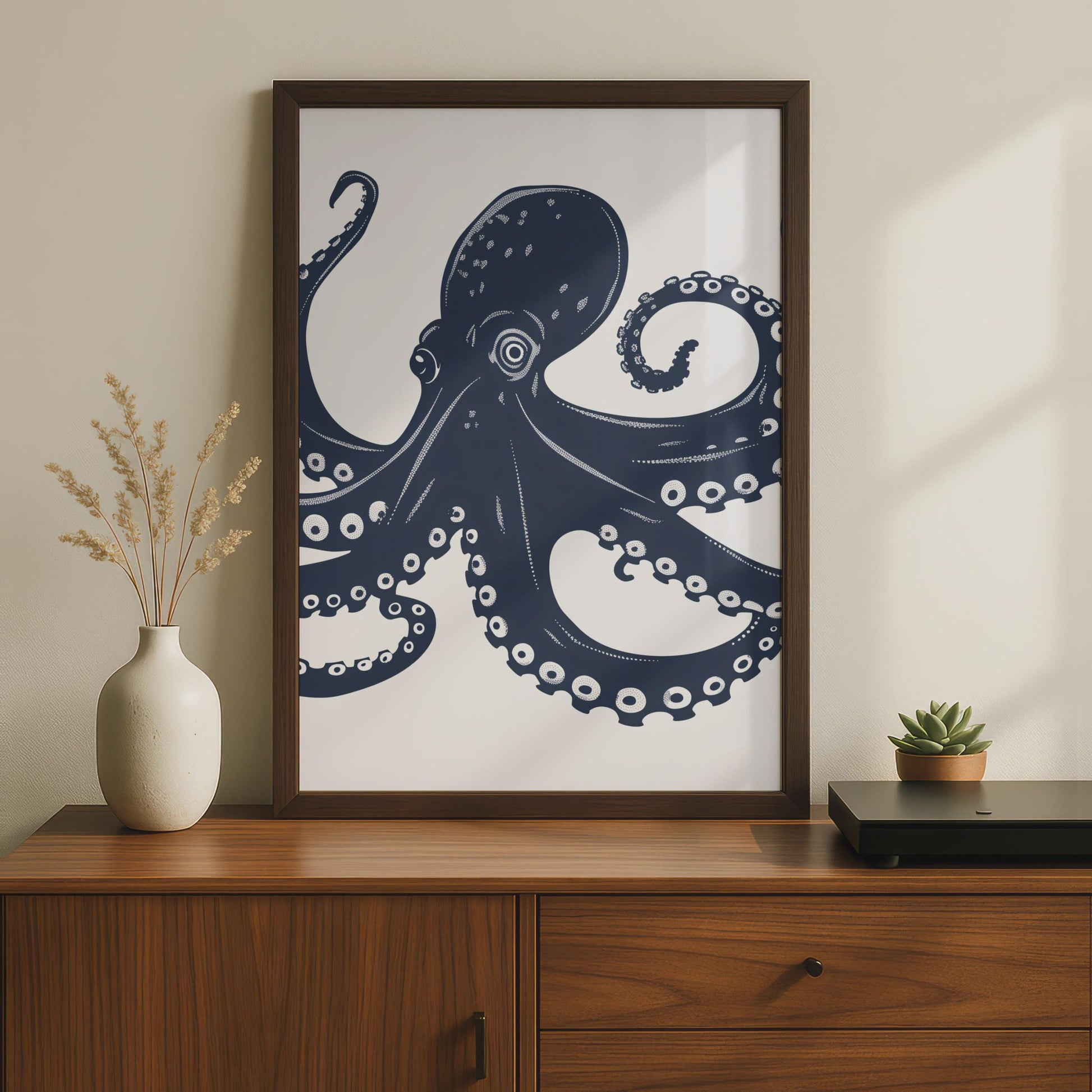 Octopus Poster, Navy Blue Nautical Wall Art, Sea Creature Print, Ocean Animal Decor wall art print