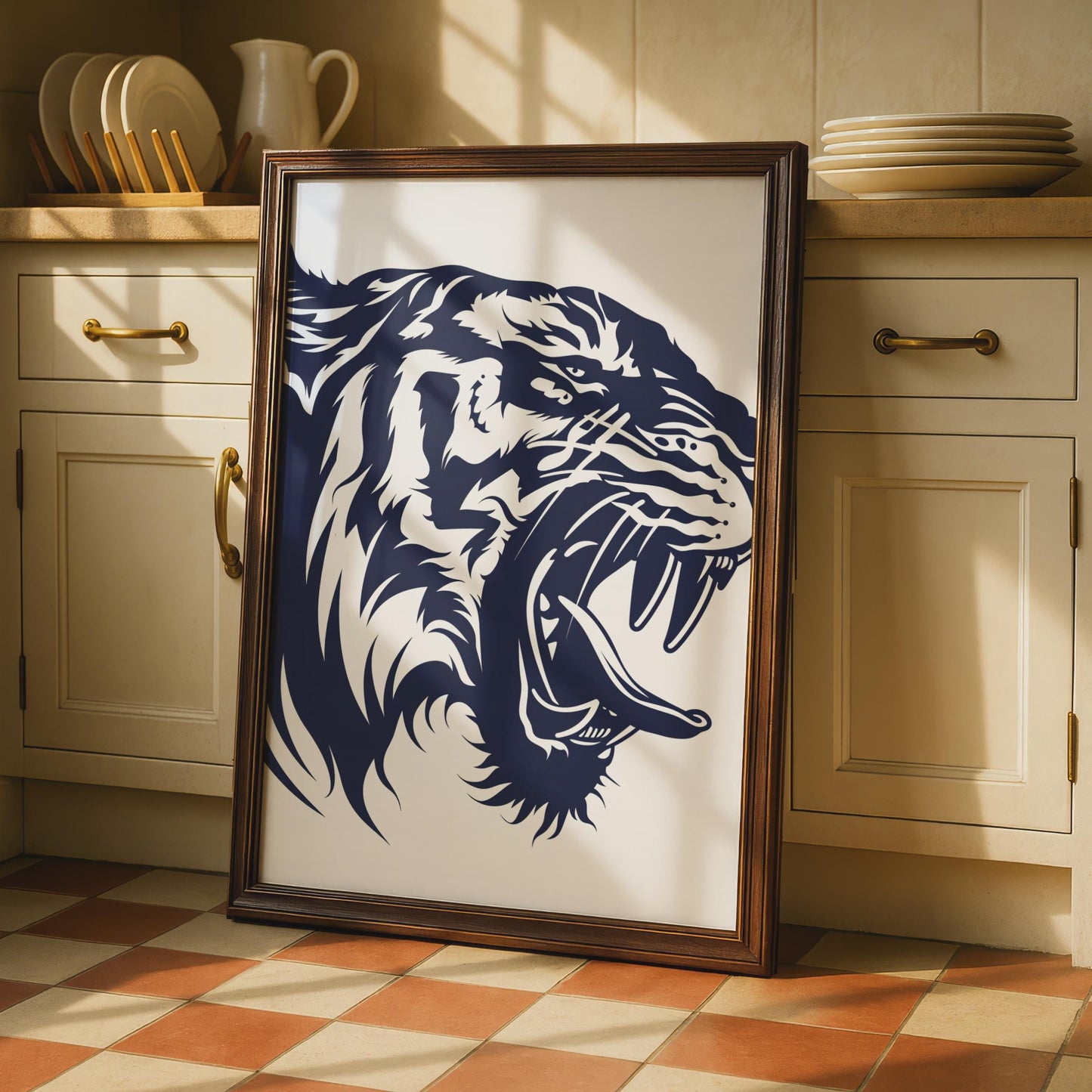 Roaring Tiger Head Poster, Navy Blue Animal Print, Bold Wild Cat Wall Art Decor wall art print