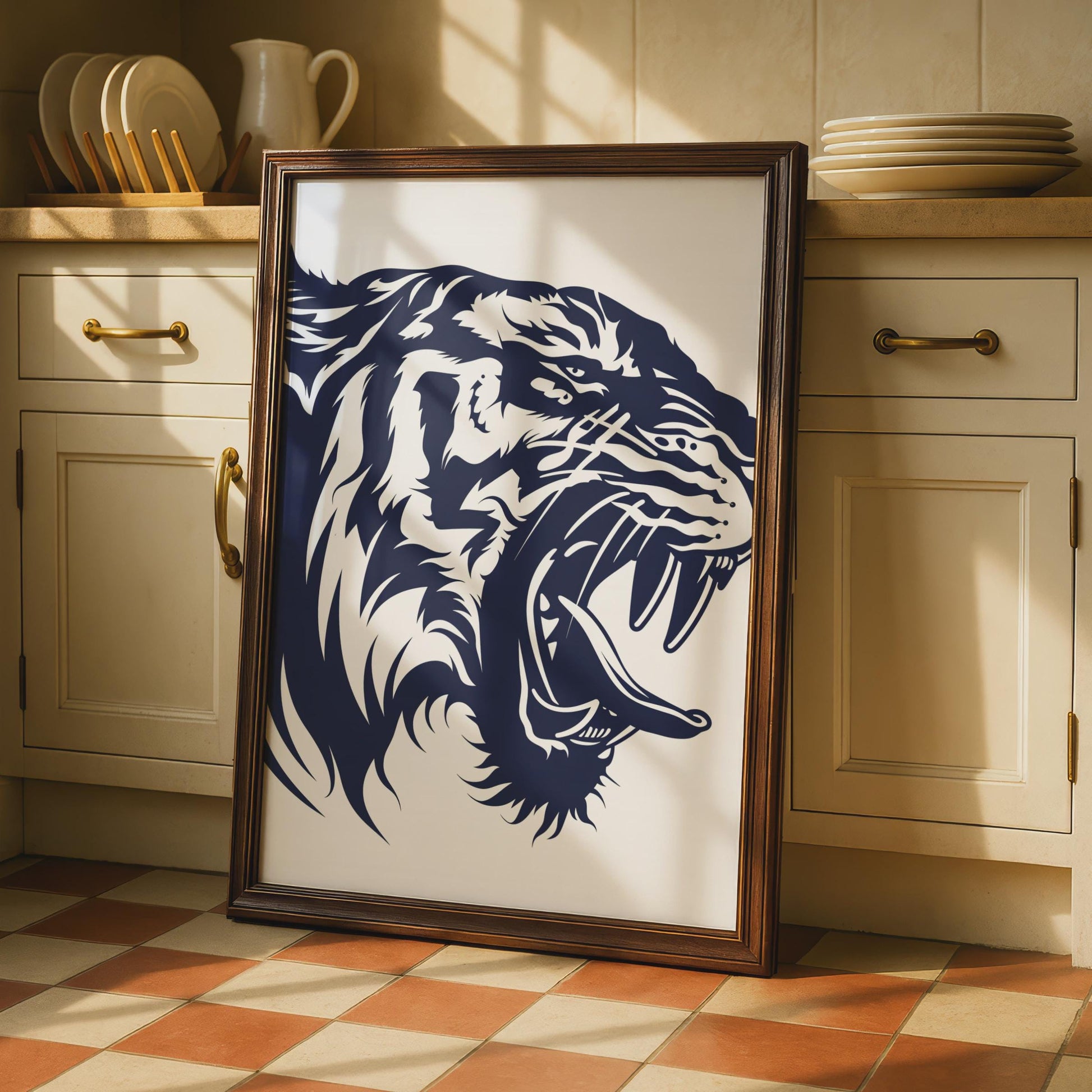 Roaring Tiger Head Poster, Navy Blue Animal Print, Bold Wild Cat Wall Art Decor wall art print