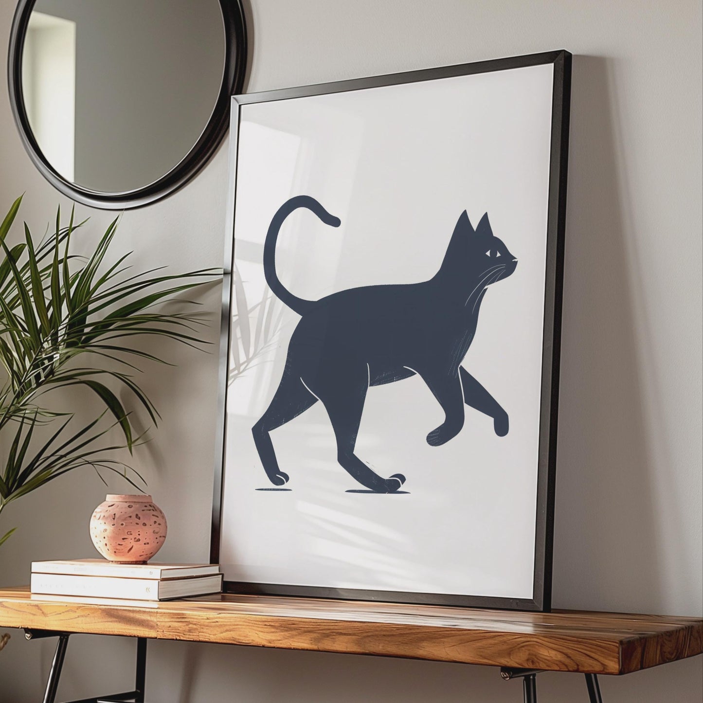 Minimalist Black Cat Print, Navy Blue Walking Animal Art, Linocut Style Poster wall art print
