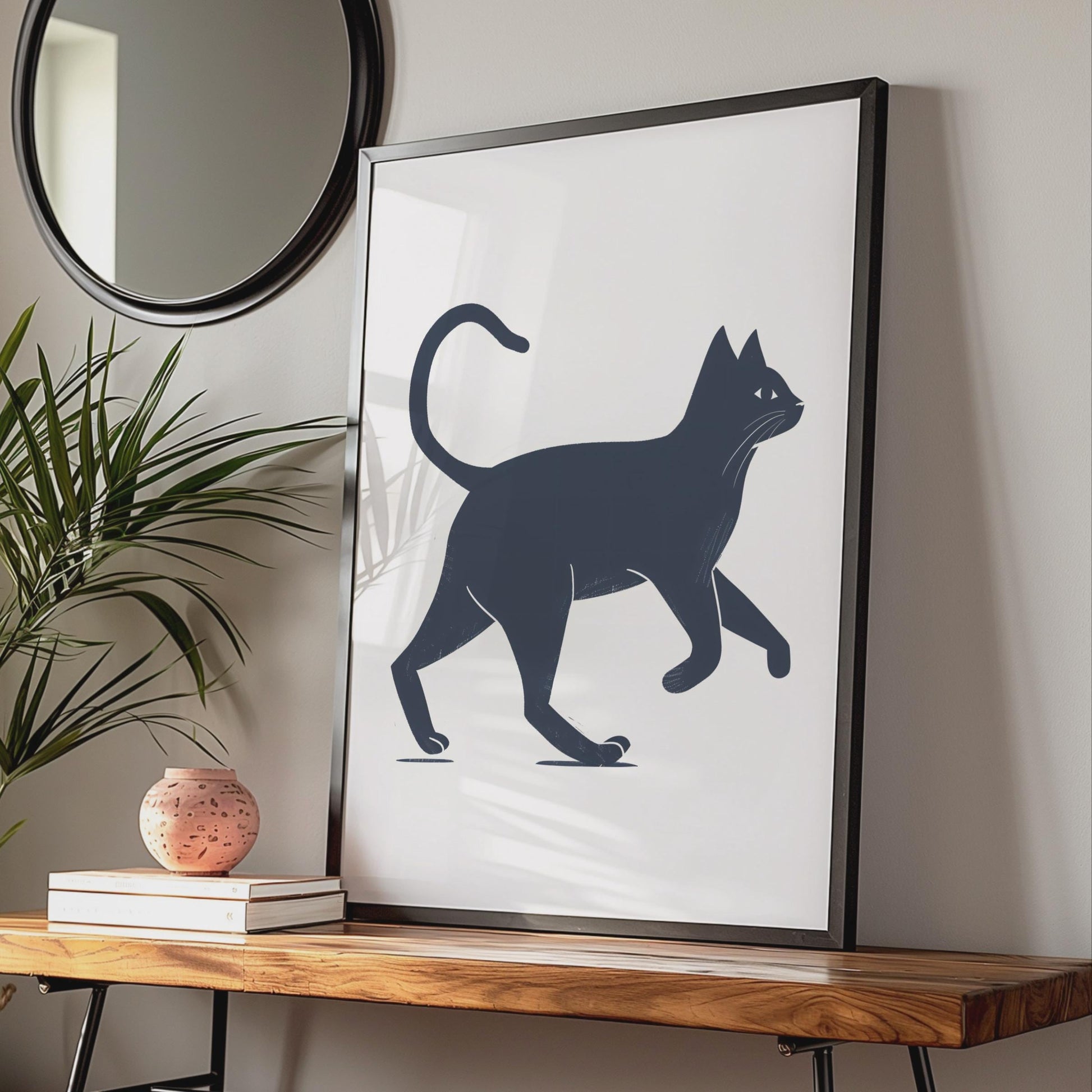 Minimalist Black Cat Print, Navy Blue Walking Animal Art, Linocut Style Poster wall art print