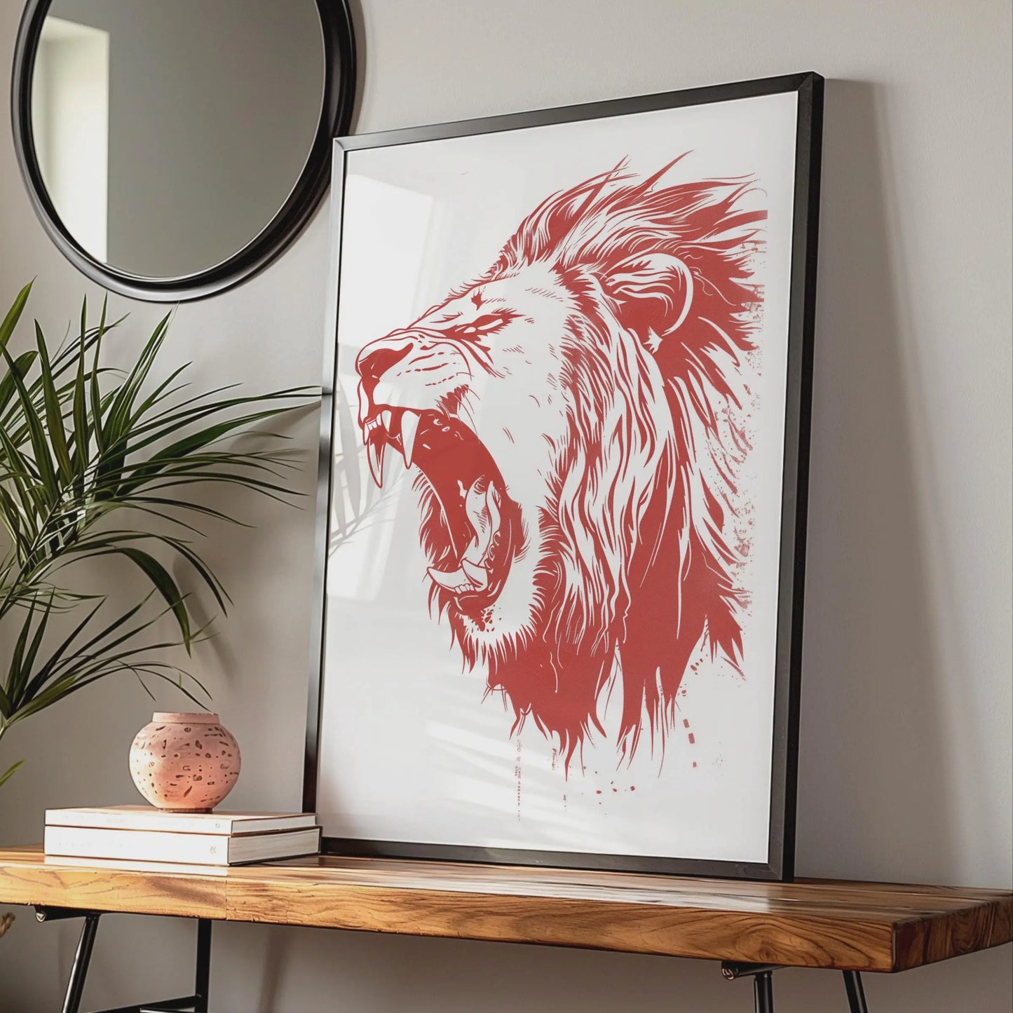 Roaring Lion Poster, Red Animal Print, Bold Lion Wall Art, Wildlife Illustration Decor wall art print