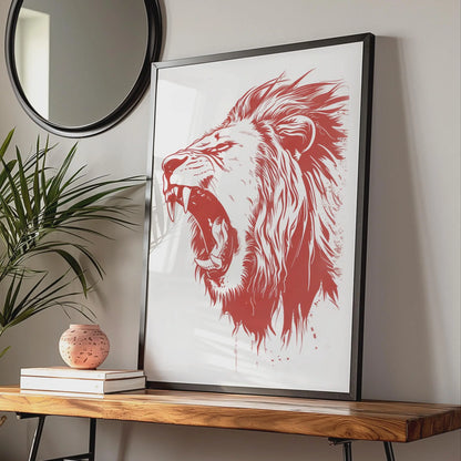 Roaring Lion Poster, Red Animal Print, Bold Lion Wall Art, Wildlife Illustration Decor wall art print