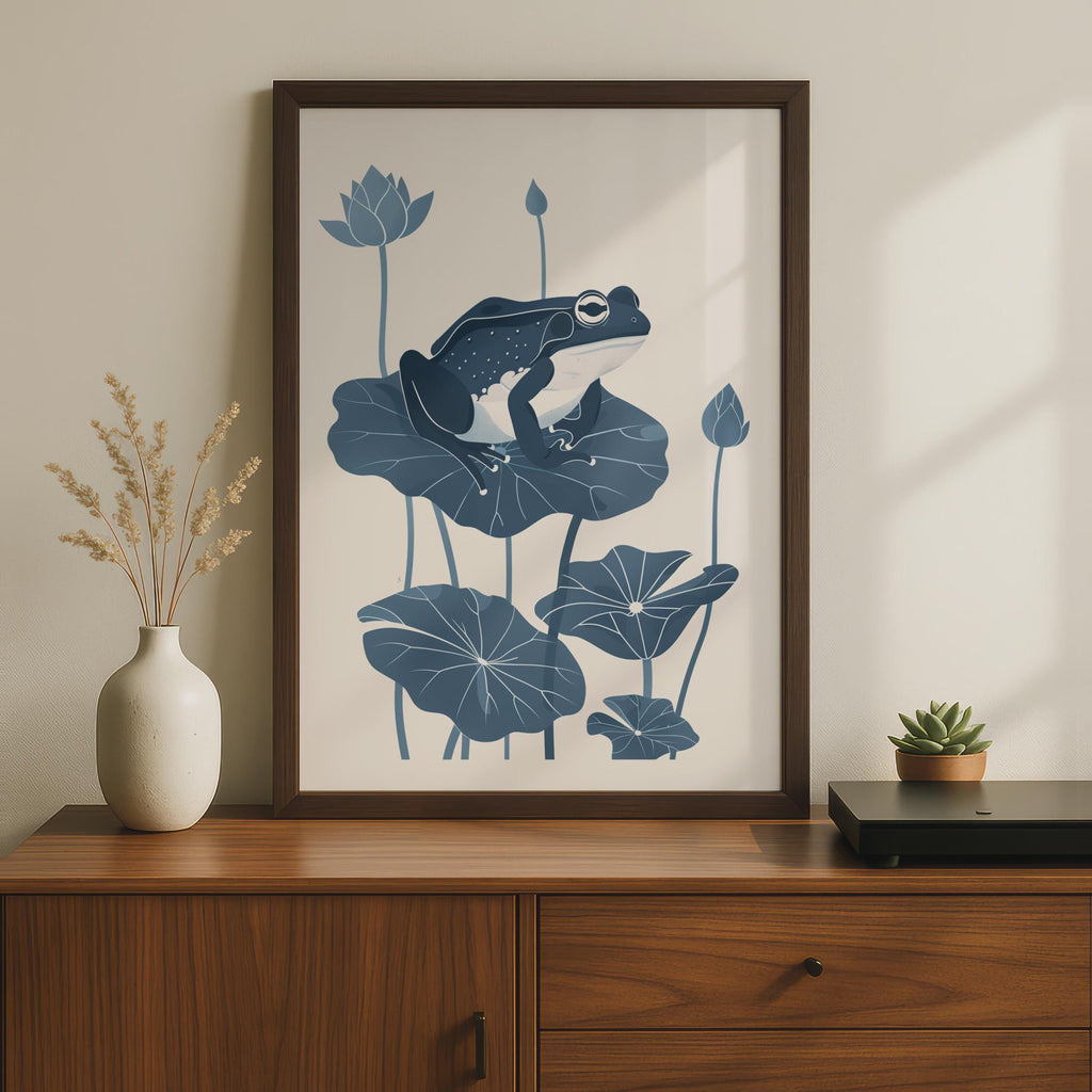 Frog on Lily Pad Poster, Navy Blue Botanical Animal Print, Minimalist Frog Wall Art wall art print